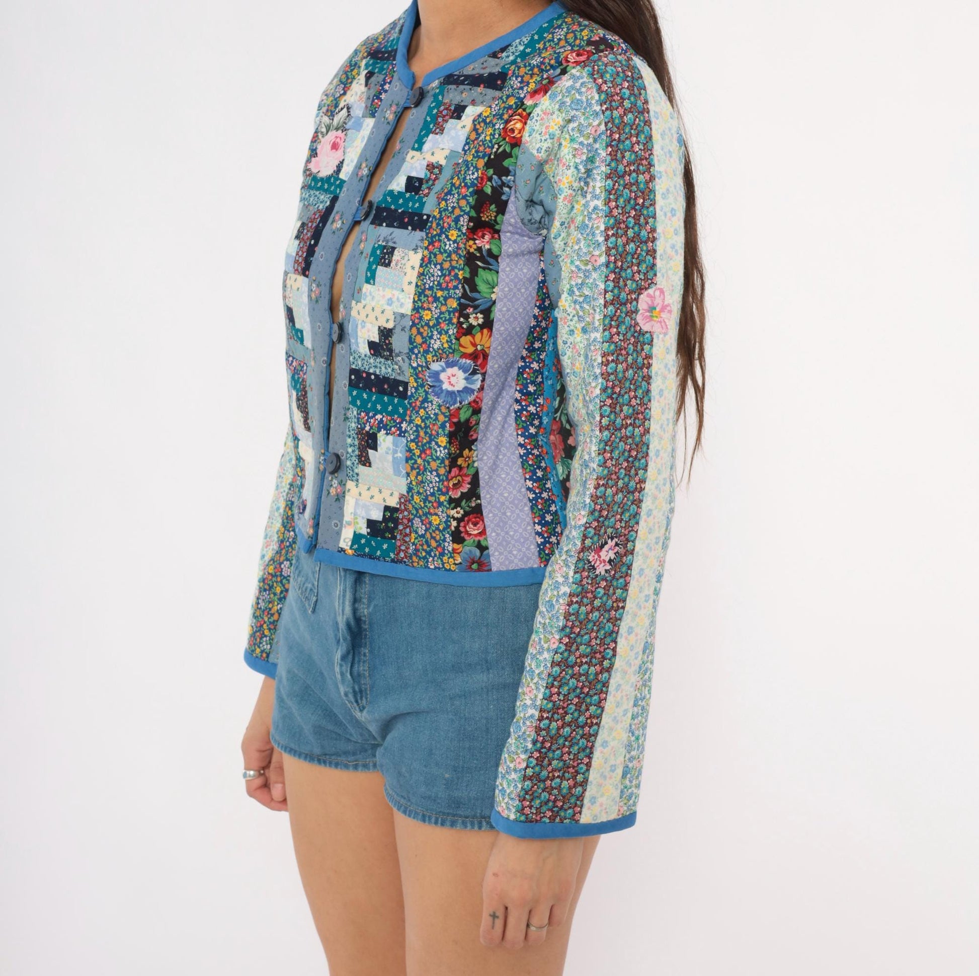 90s Calico Patchwork Quilted Jacket Log Cabin Floral Cotton Blue Navy Extra Small XS