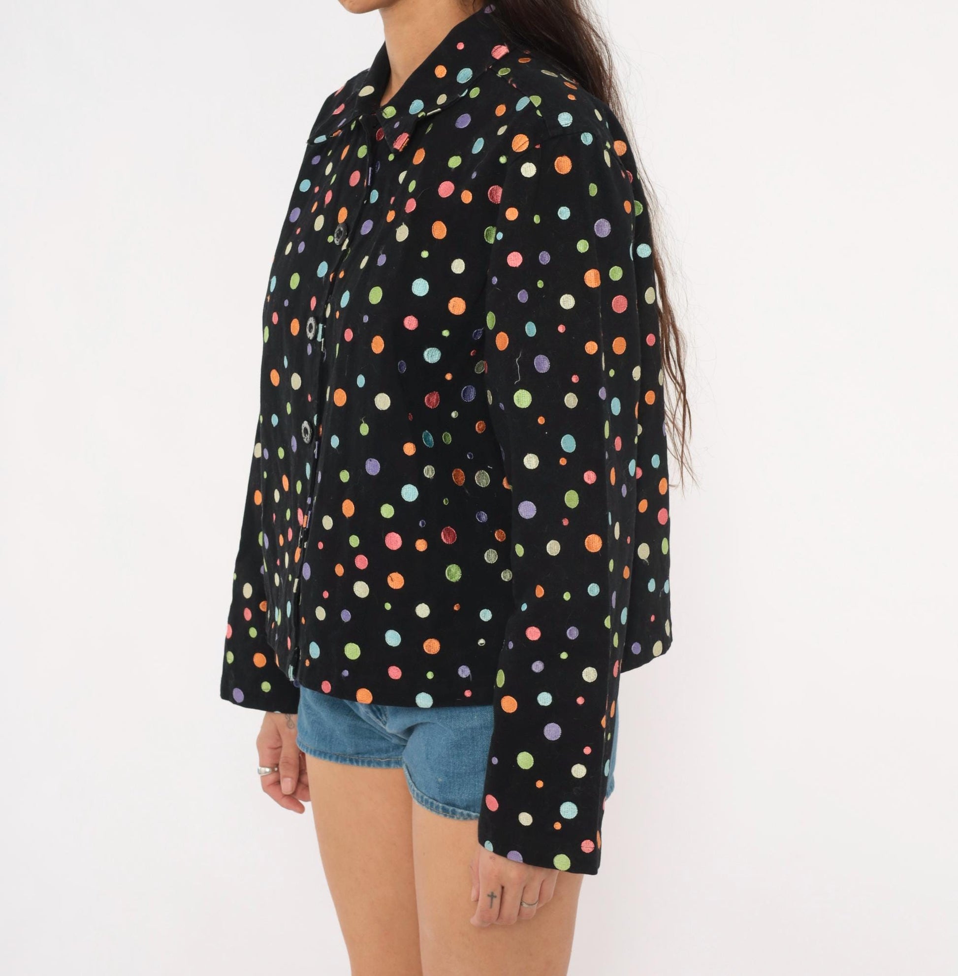 2000s Carrie Allen Polka Dot Cotton Jacket Black Multicolor Button Front Cropped Extra Large