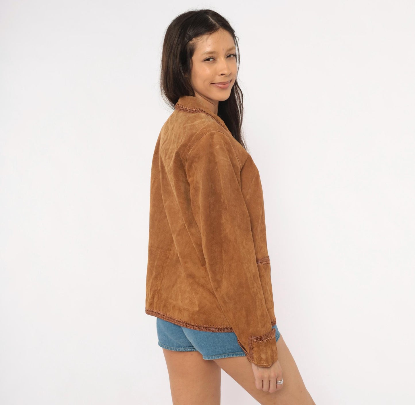 2000s Christopher & Banks Suede Jacket Brown Crochet Trim Zip Collared Large L