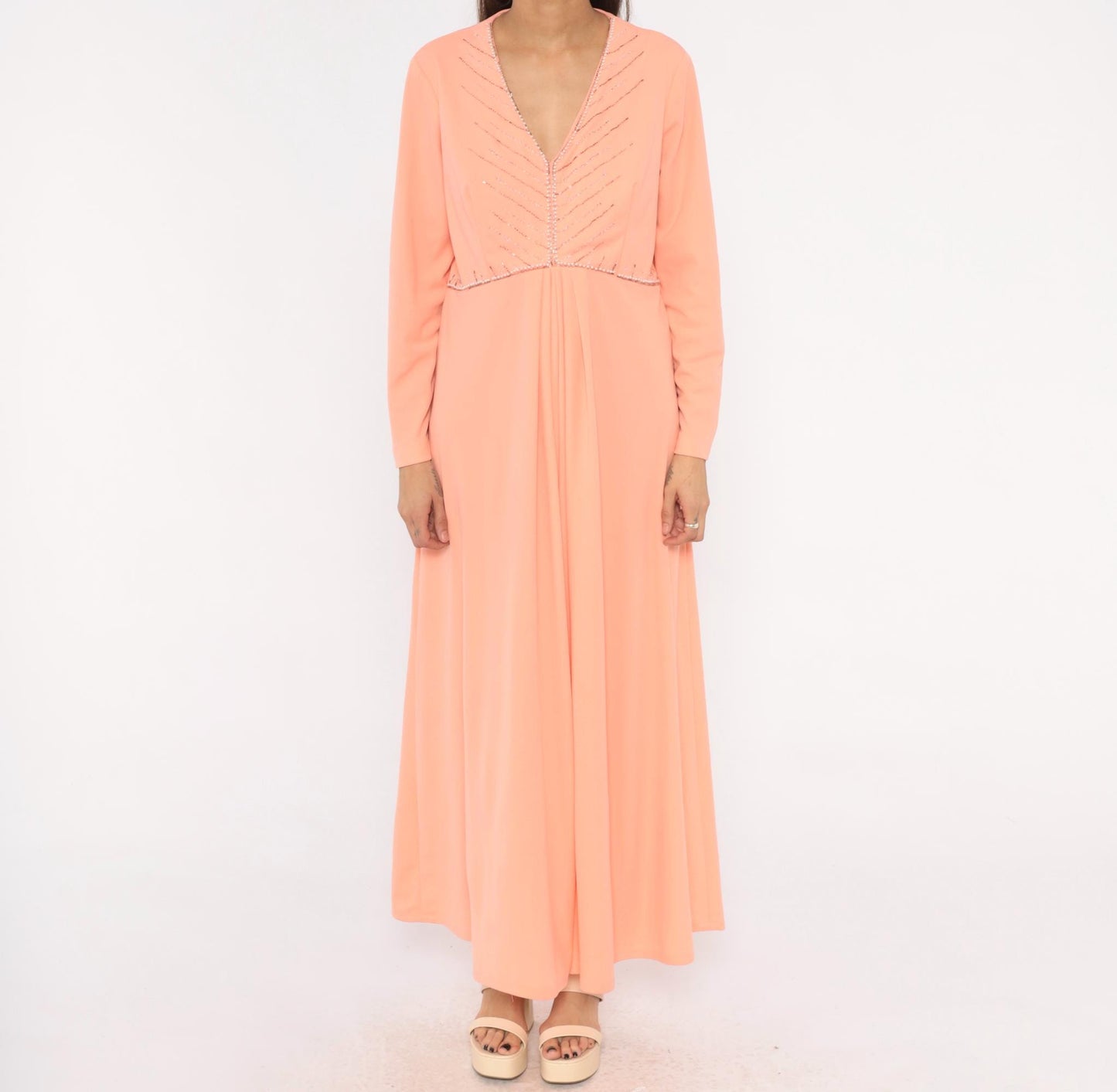 70s Peach Maxi Dress Empire Waist V Neck Beaded Chevron Rhinestone Extra Large
