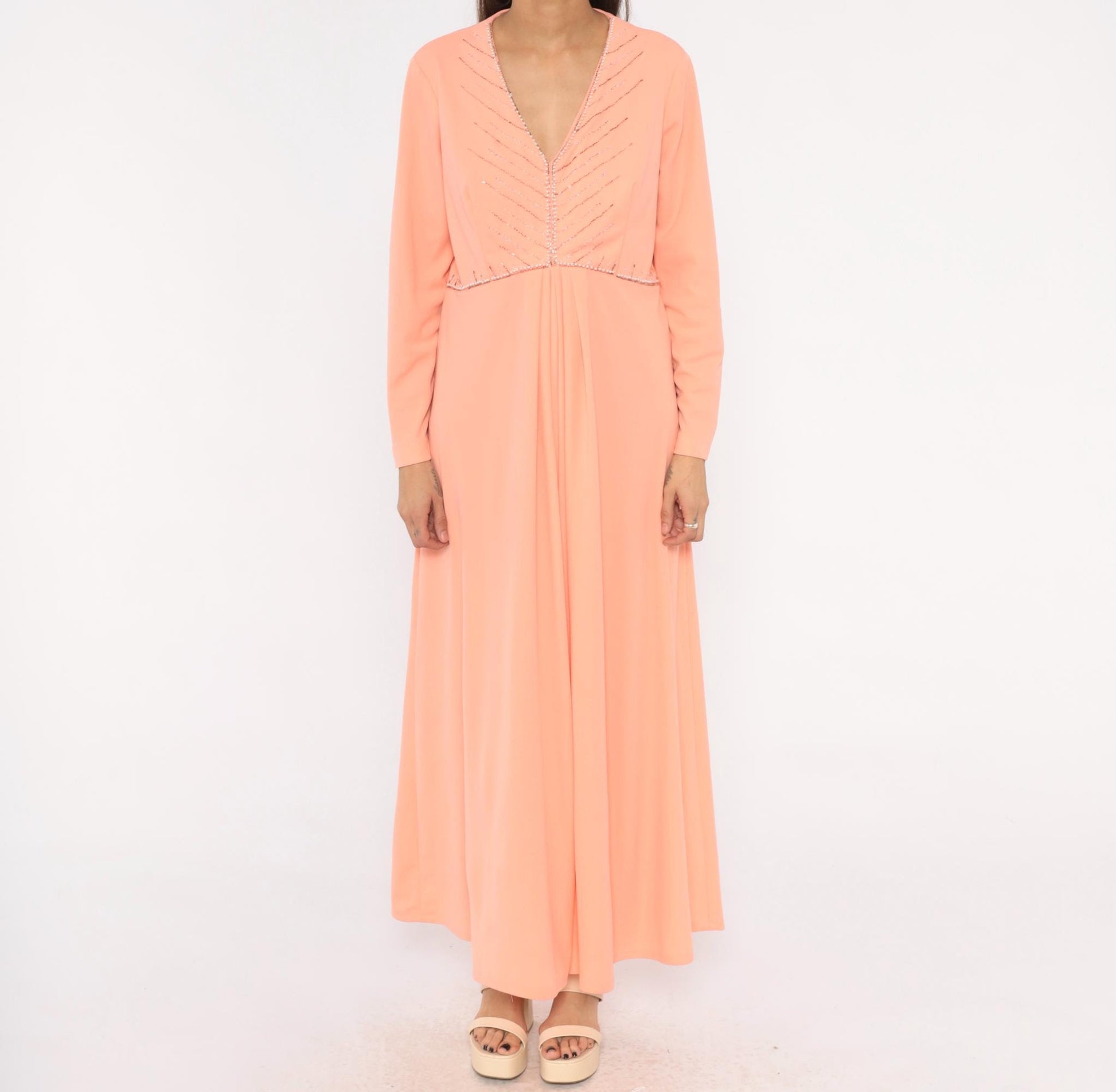70s Peach Maxi Dress Empire Waist V Neck Beaded Chevron Rhinestone Extra Large