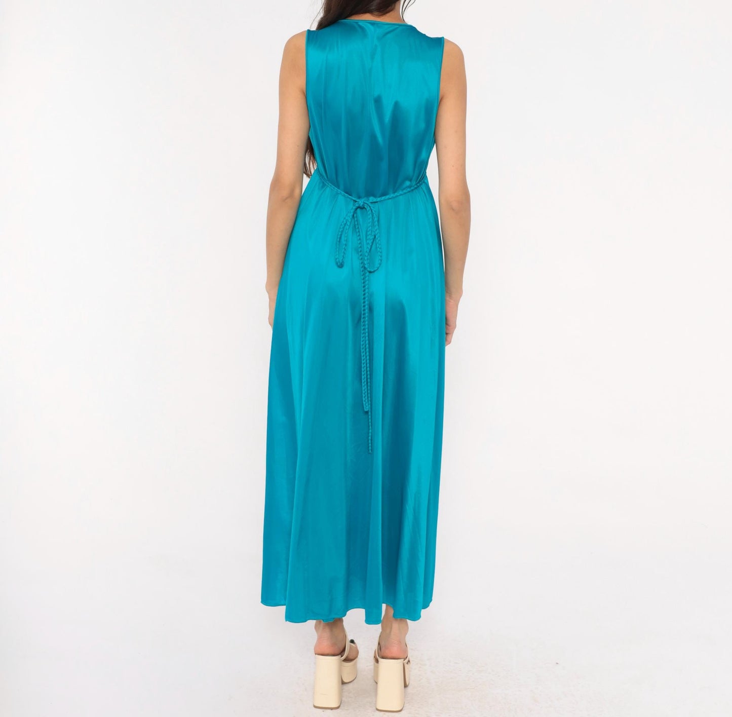 70s Teal Grecian Maxi Dress Deep V Neck Empire Waist Nylon Large L