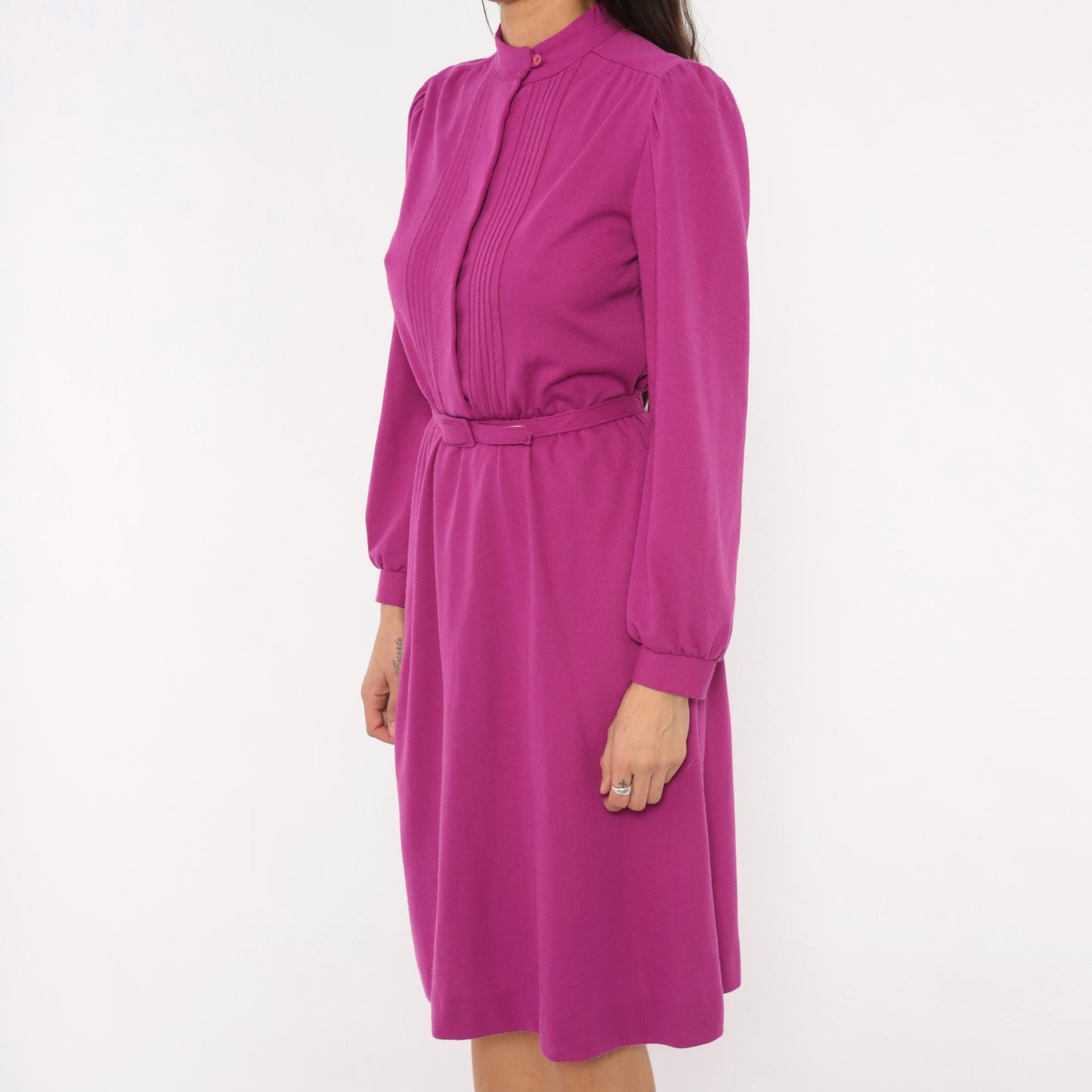 80s JcPenney Magenta Pintuck Dress Puff Sleeve Belted Knee-Length Small