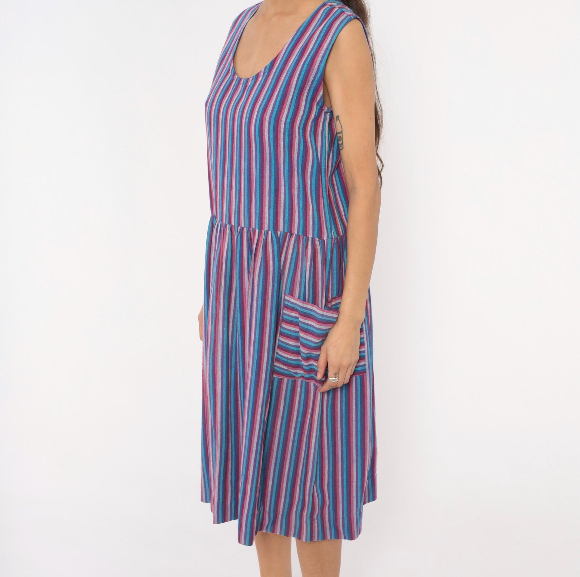 90s Quetzal Striped Cotton Midi Sundress Purple Cobalt Scoop Neck Small