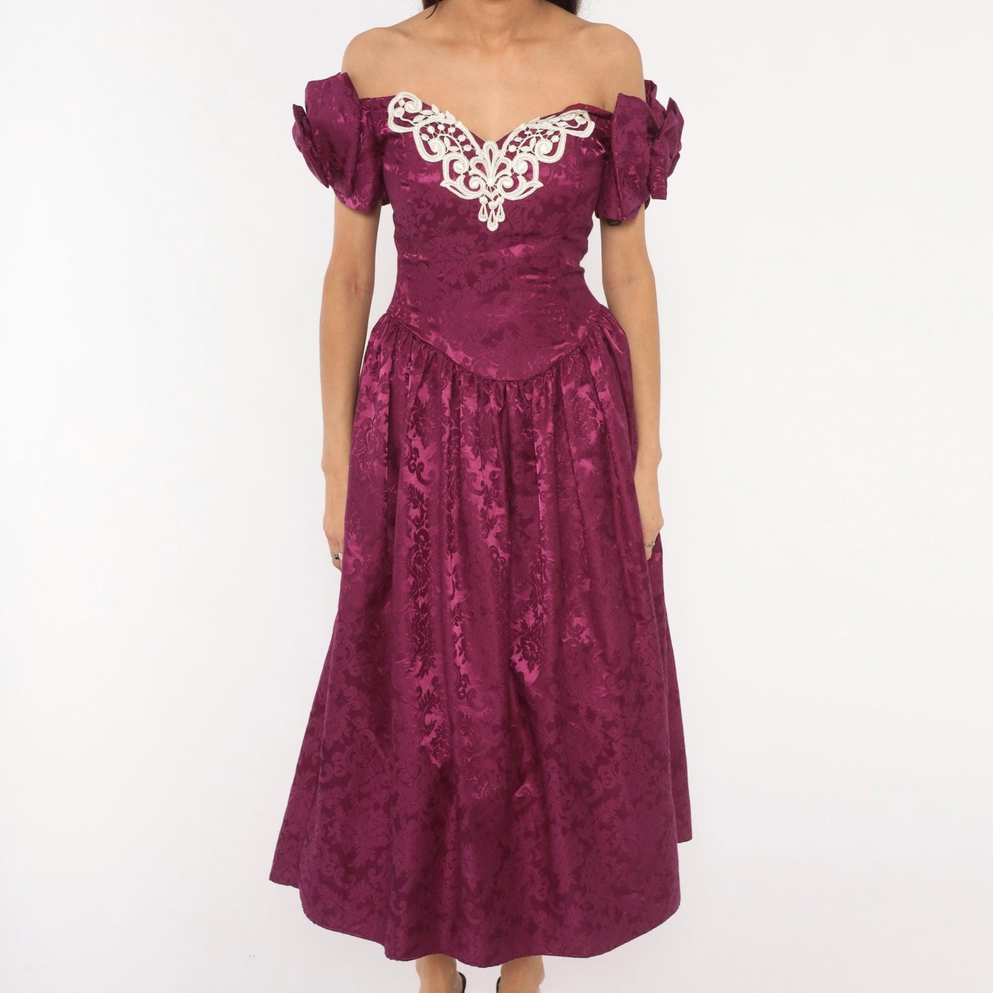 Jessica McClintock 80s Plum Brocade Puff Sleeve Gown Small