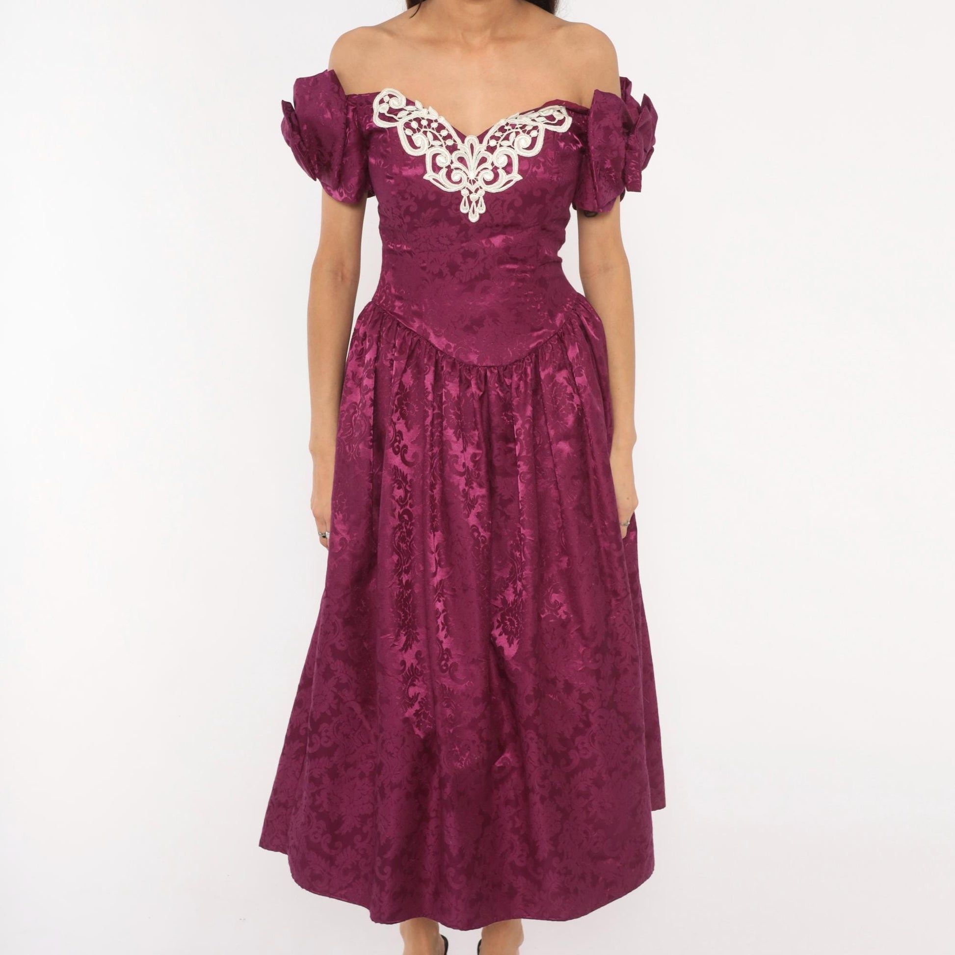 Jessica McClintock 80s Plum Brocade Puff Sleeve Gown Small