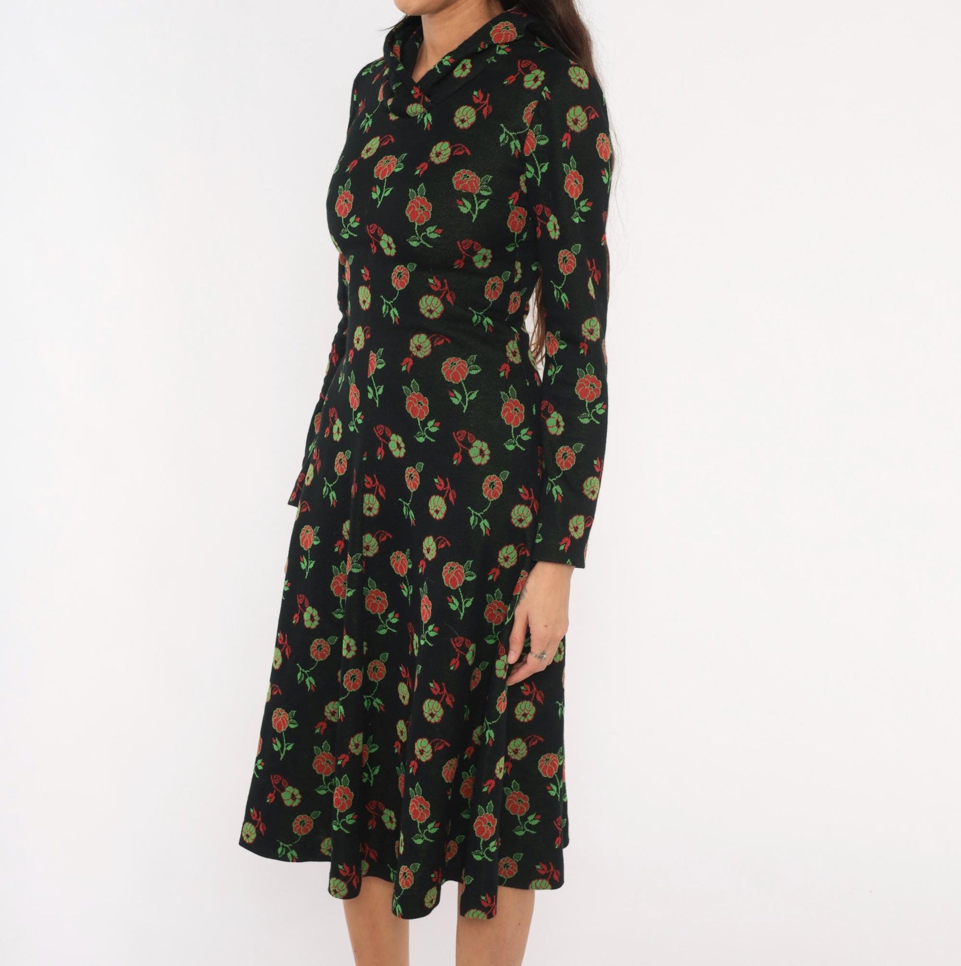 70s Black Hooded Midi Dress Red Rose Floral Print Long Sleeve Extra Small
