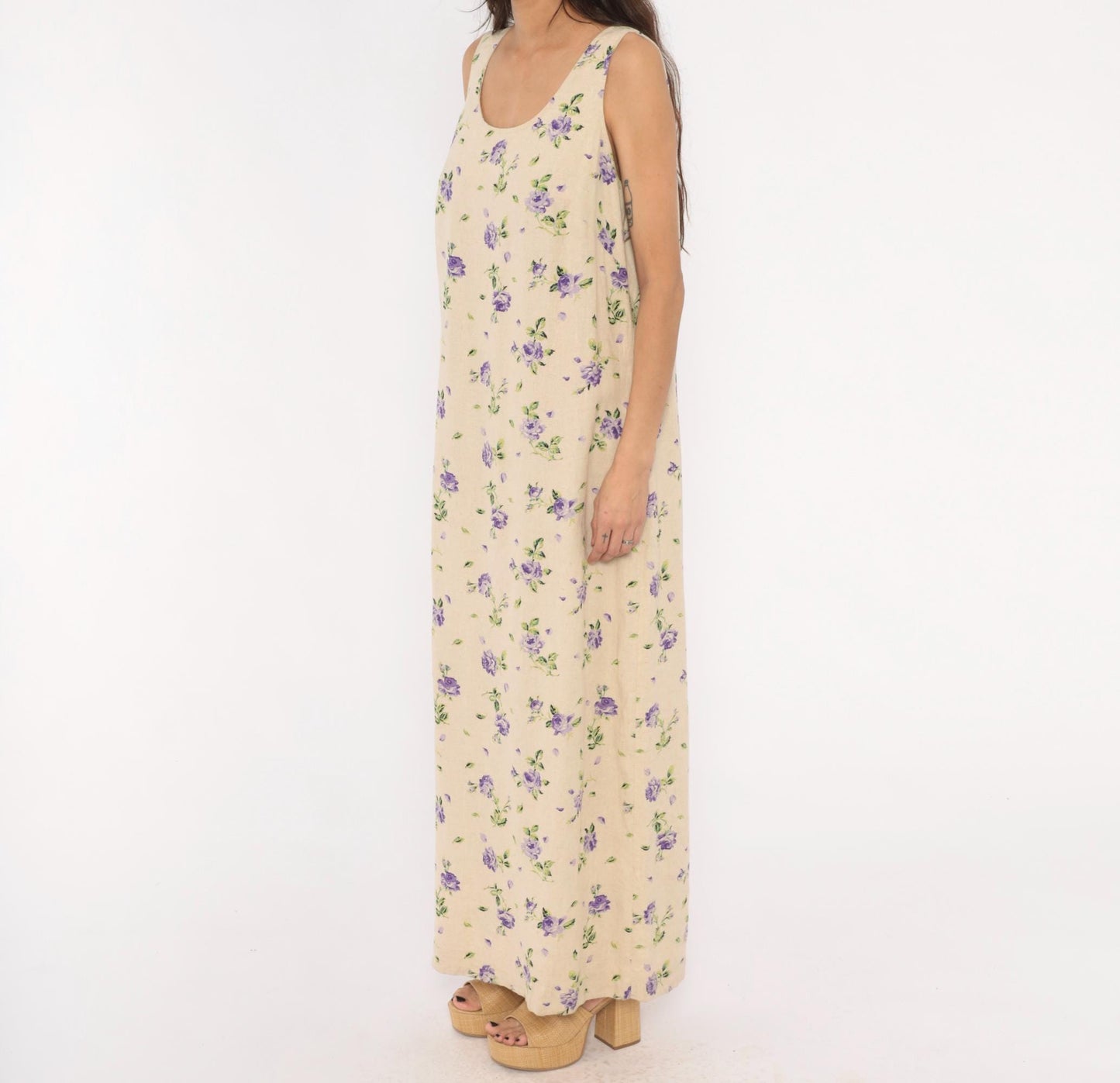 90s Liz Baker Floral Linen Maxi Dress Purple Rose Cream Tank Sleeveless Extra Large XXL