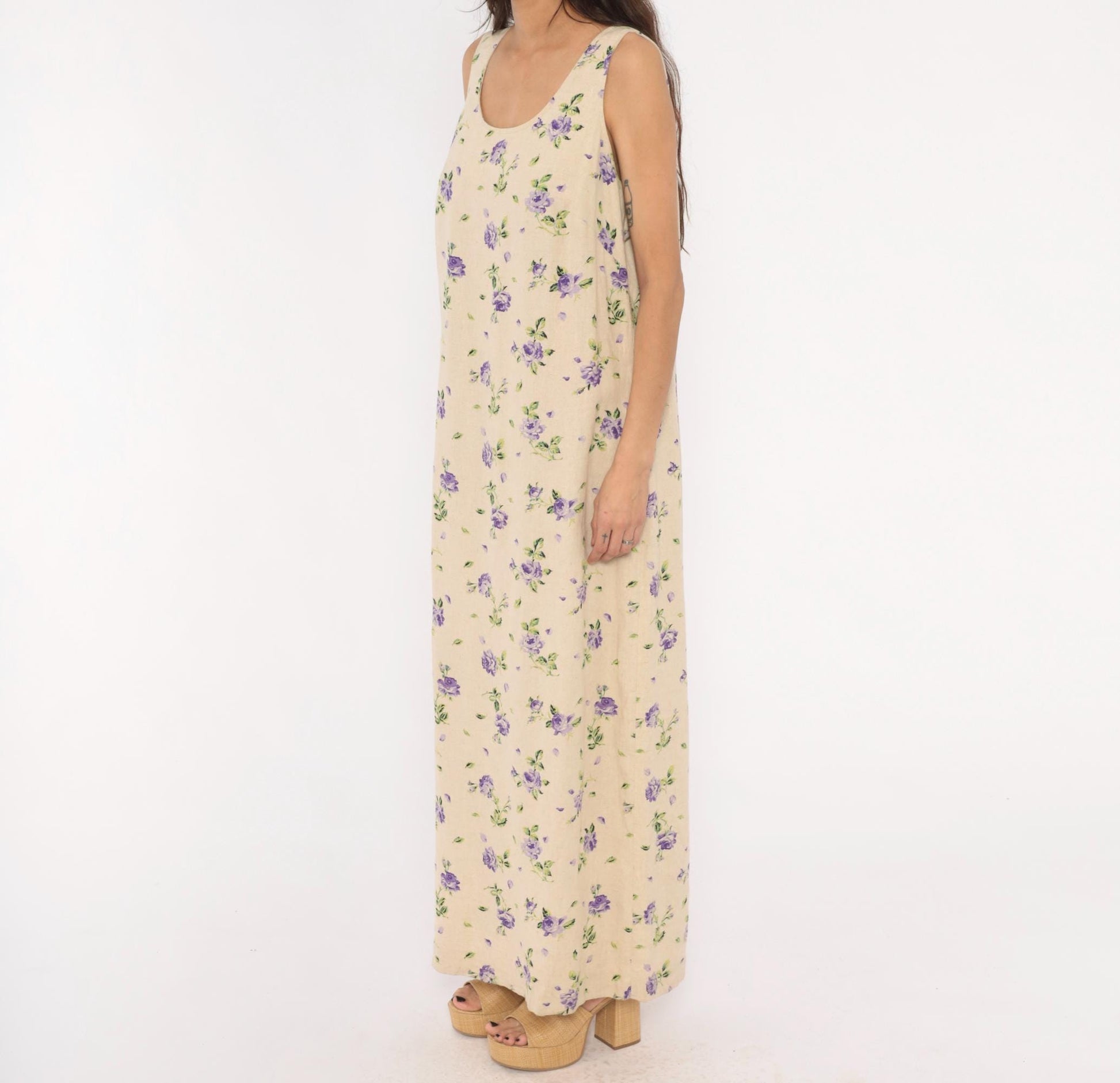 90s Liz Baker Floral Linen Maxi Dress Purple Rose Cream Tank Sleeveless Extra Large XXL