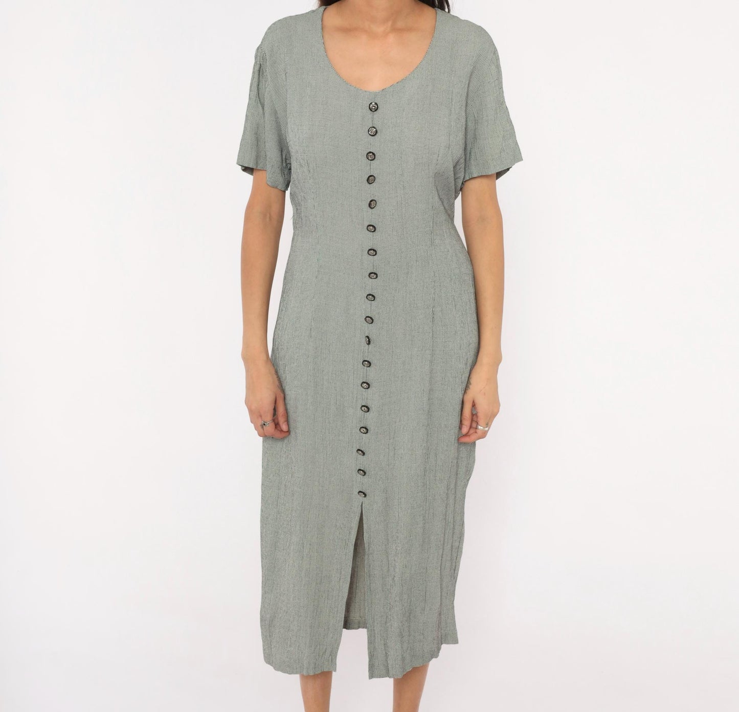 90s Miss Scarlett Houndstooth Midi Dress Button Front Scoop Neck Large L