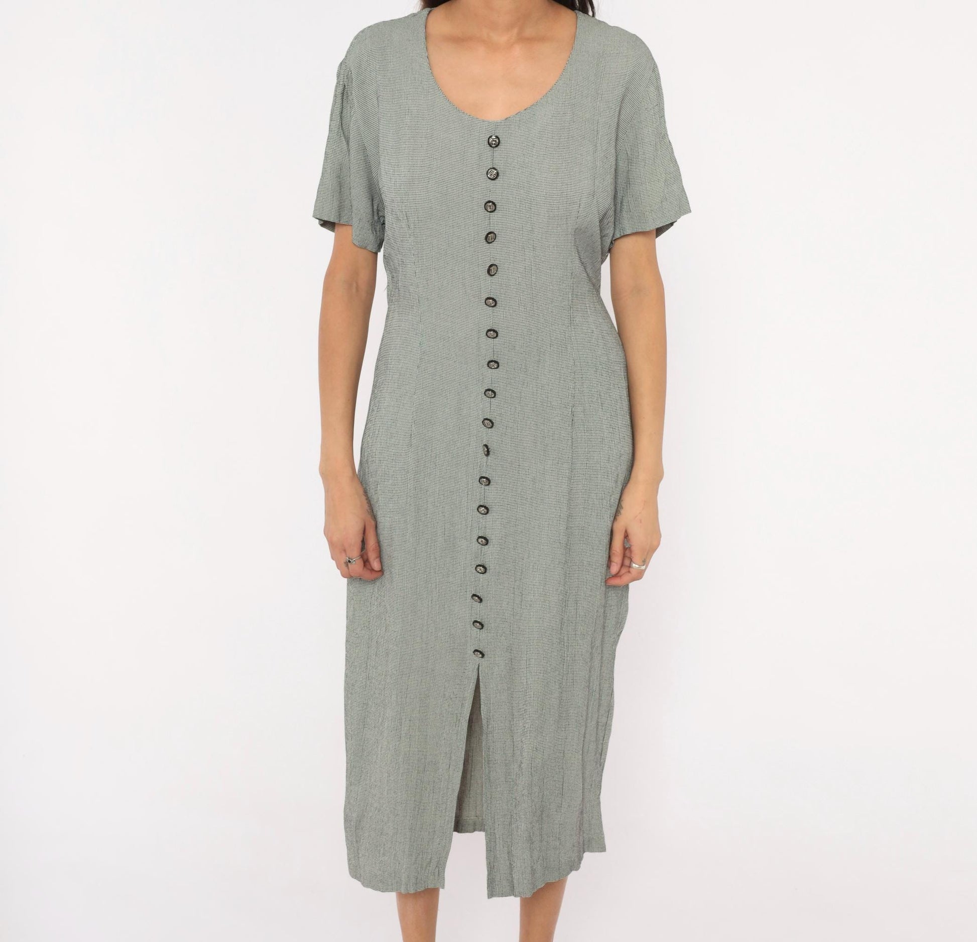 90s Miss Scarlett Houndstooth Midi Dress Button Front Scoop Neck Large L