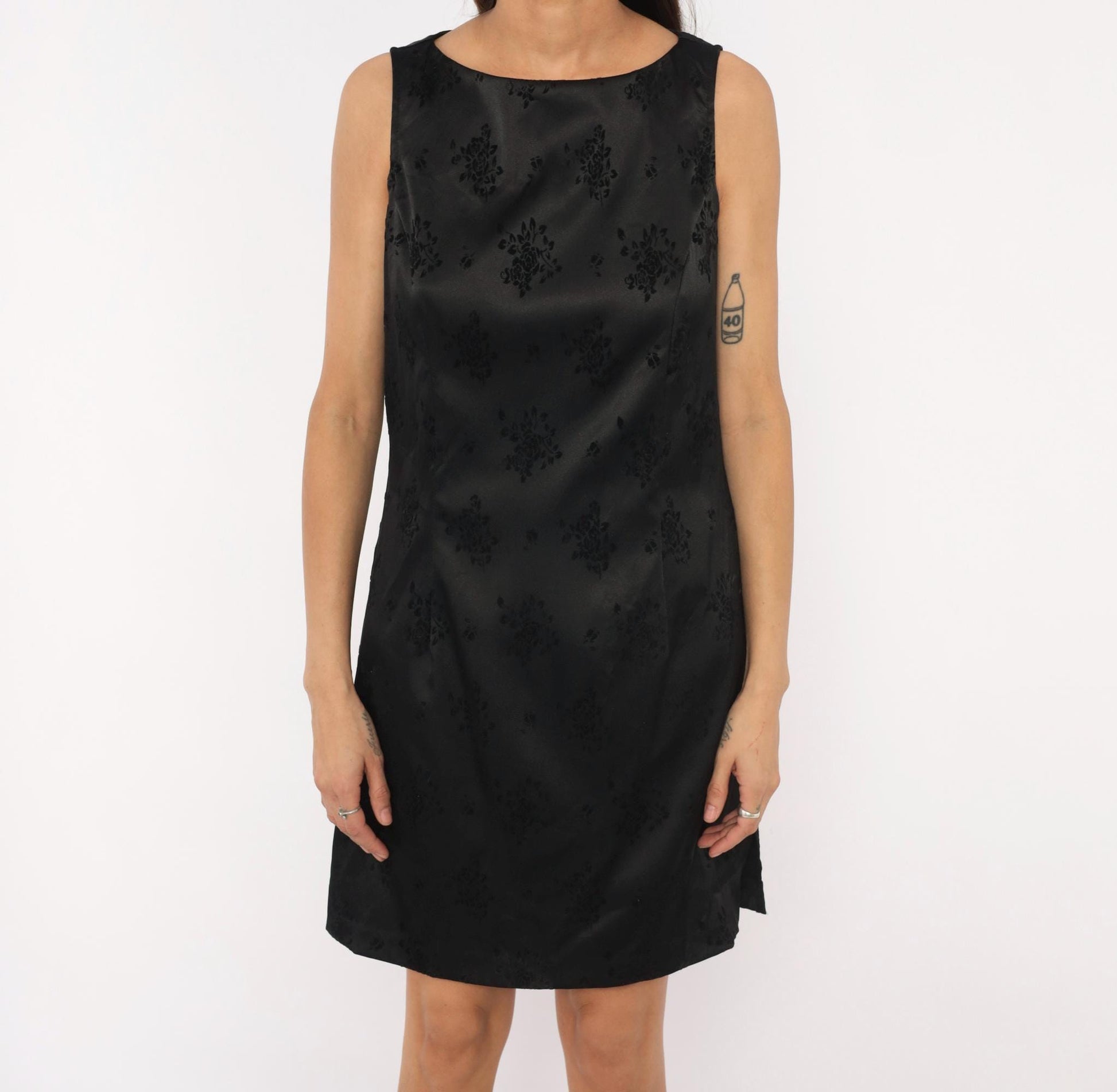 90s City Triangles Black Damask Floral Jacquard Mini Dress Boat Neck Large L