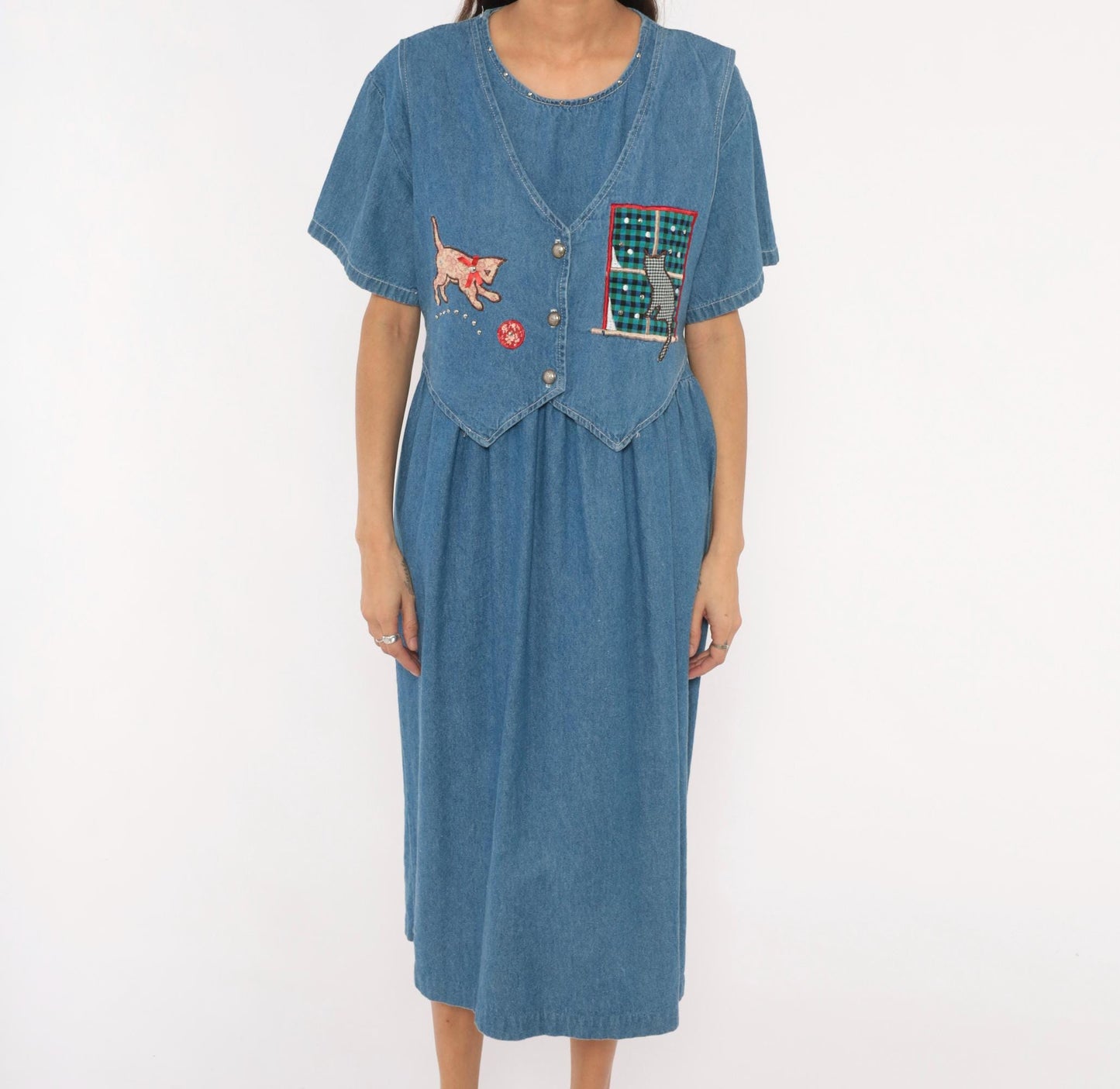 90s Miss & Mrs Cat Denim Midi Dress Patchwork Kitten Window V-Neck Cotton Large L