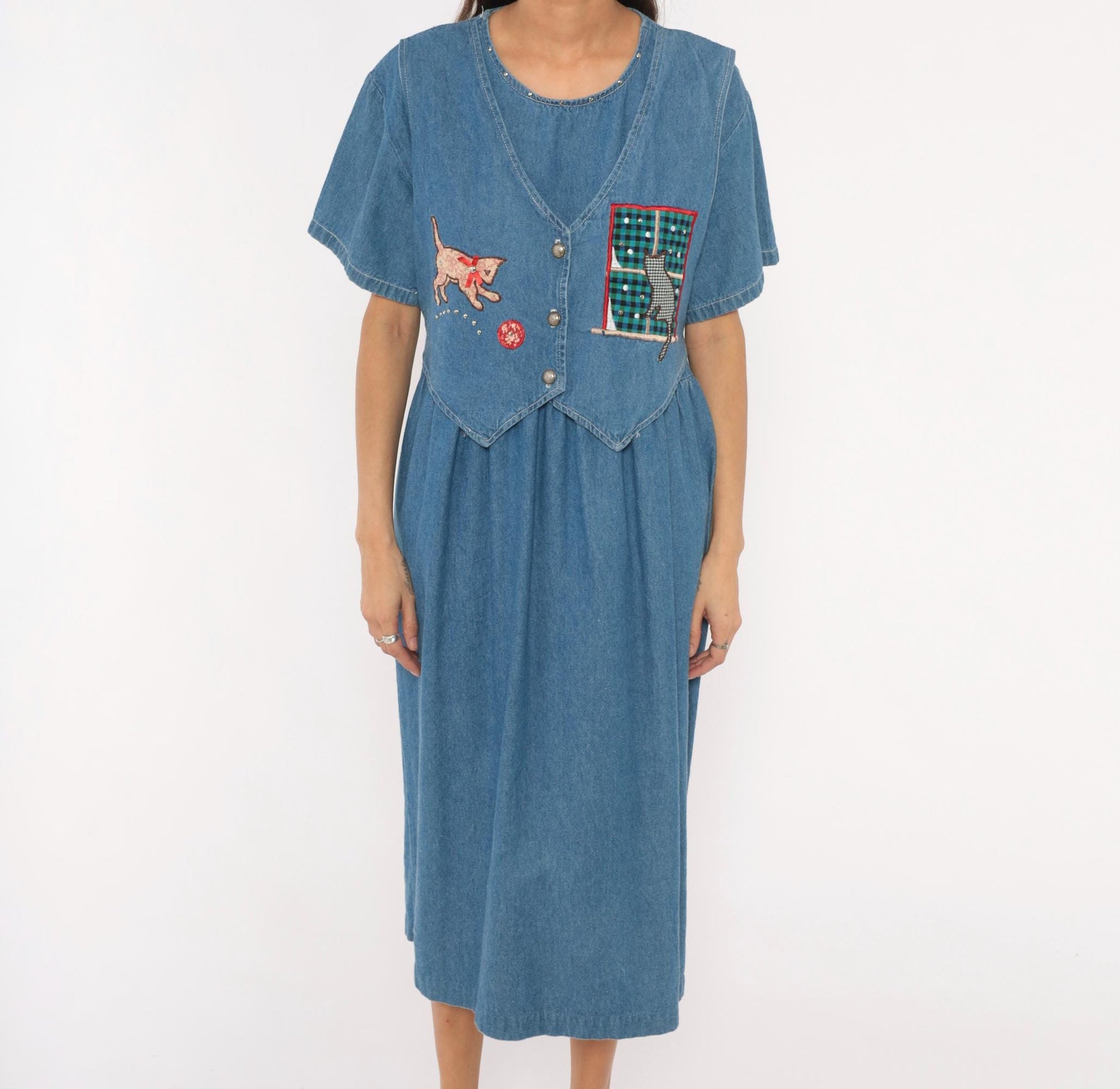 90s Miss & Mrs Cat Denim Midi Dress Patchwork Kitten Window V-Neck Cotton Large L