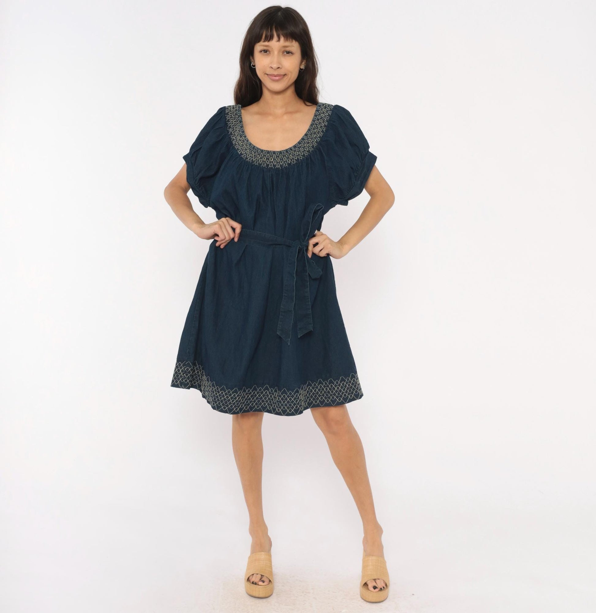 90s Roommates California Navy Denim Mini Dress Puff Sleeve Embroidered Plus Size 3X