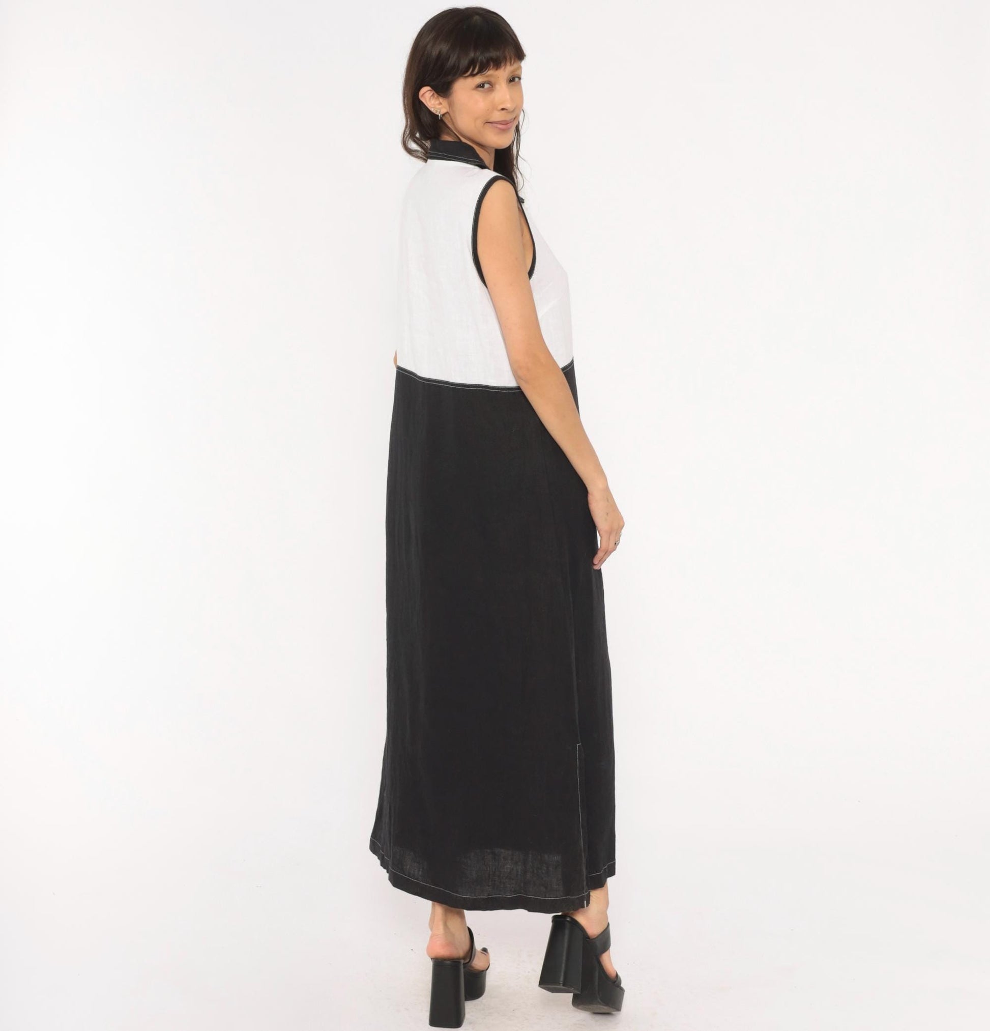 90s Nannette Keller Color Block Maxi Dress Black White Linen Cotton Medium M