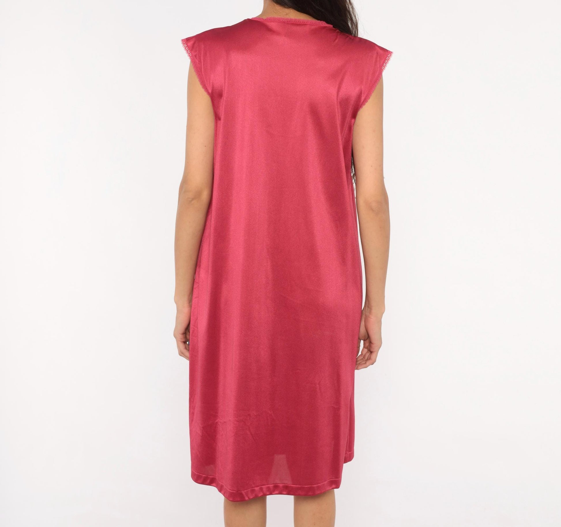 80s JCPenney Burgundy Nightgown Scalloped Yoke Cap Sleeve Knee-Length Medium