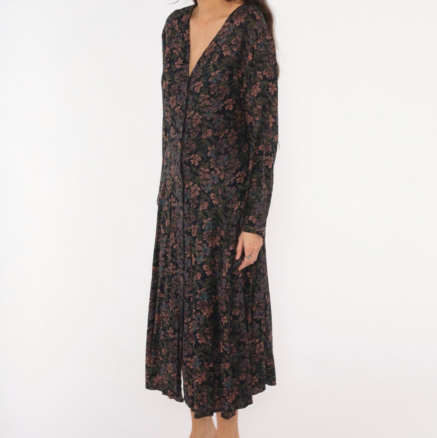 90s Dark Floral Midi Dress V-Neck Button Front Long Sleeve Black Large L