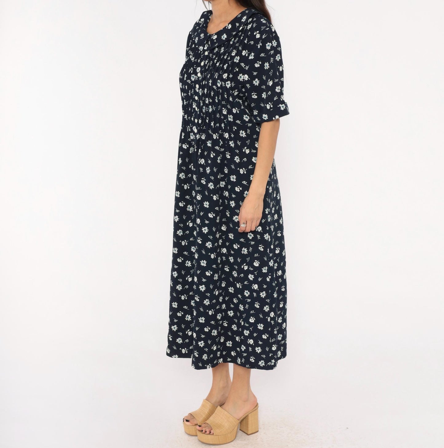 90s Kathie Lee Navy Floral Midi Dress Peter Pan Collar Pintuck Bodice Large L