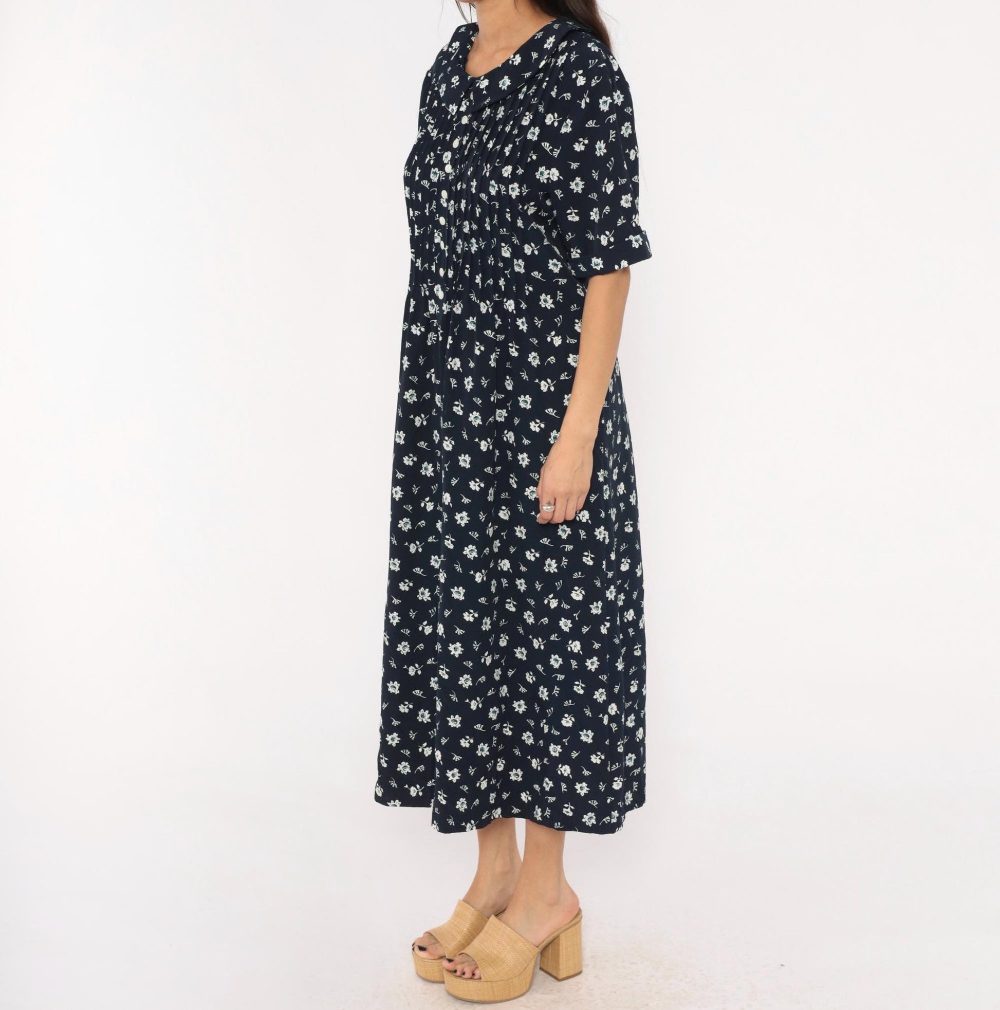 90s Kathie Lee Navy Floral Midi Dress Peter Pan Collar Pintuck Bodice Large L