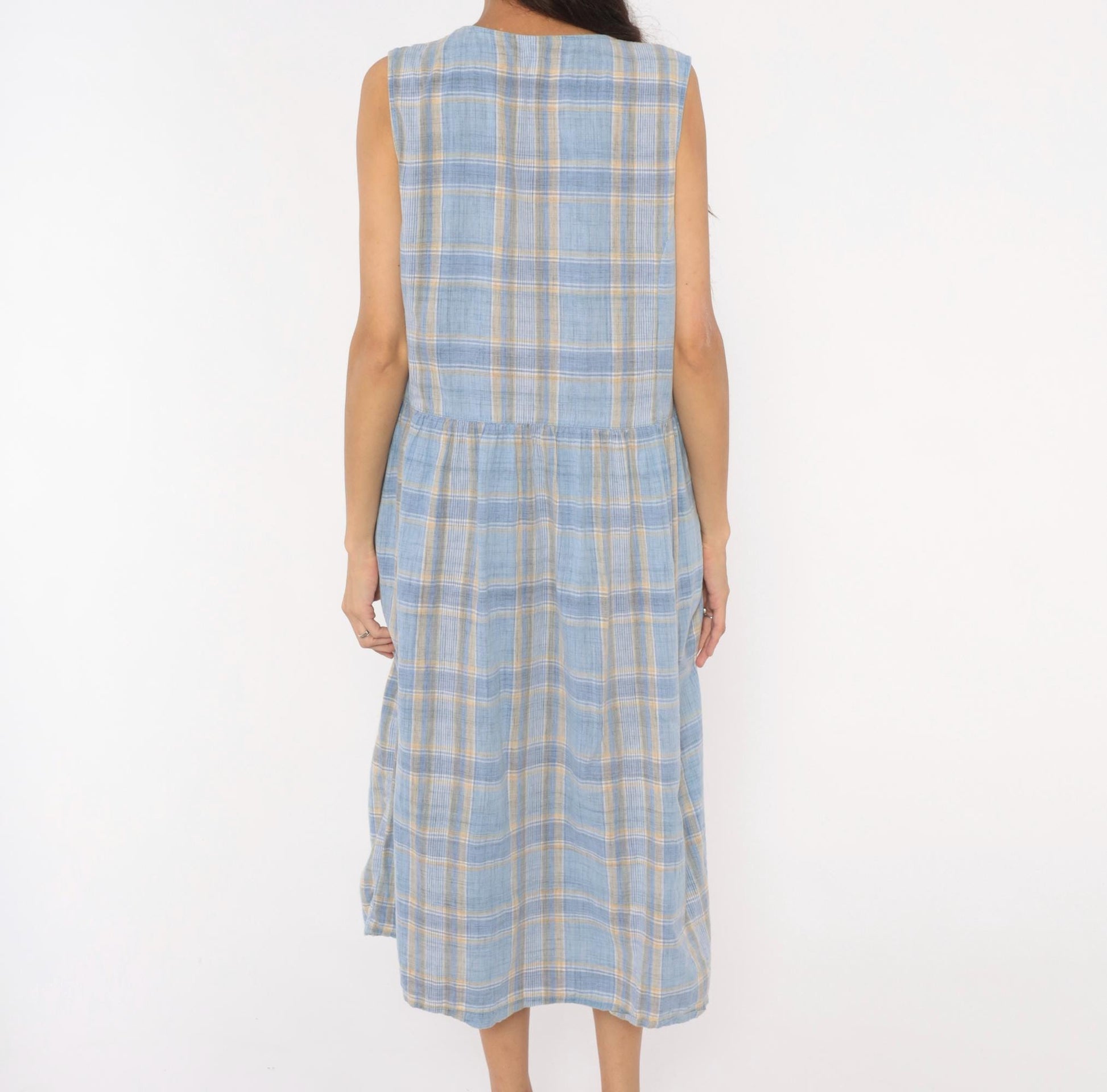 90s Lands' End Blue Plaid Cotton Midi Sundress Button Front Large L