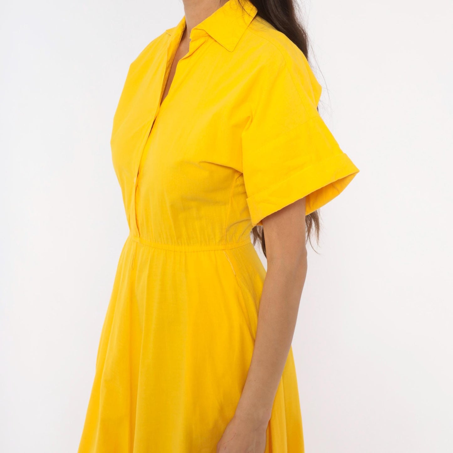 80s Laine Yellow Cotton Shirtdress Midi Collar Pockets Extra Small XS