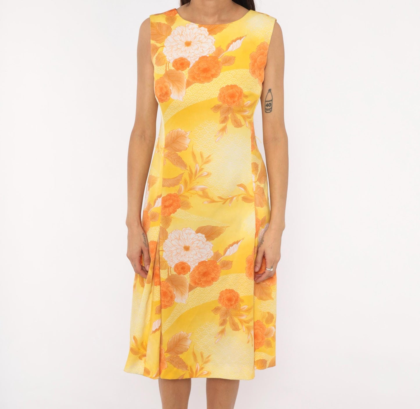 1970s Polynesian Casuals Floral Dress Yellow Orange Peony Knee-Length Small