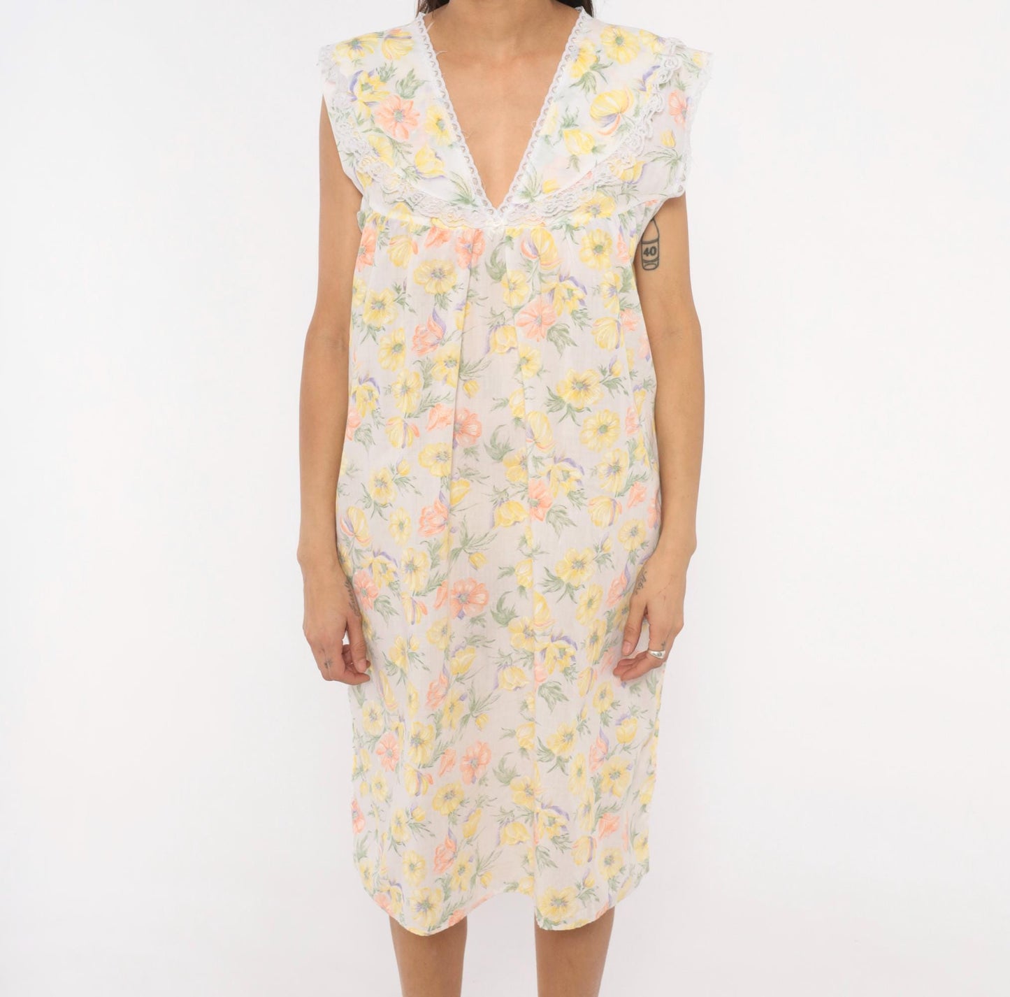 80s Floral Anemone Cotton Nightgown White Lace V-Neck Knee Length Medium M
