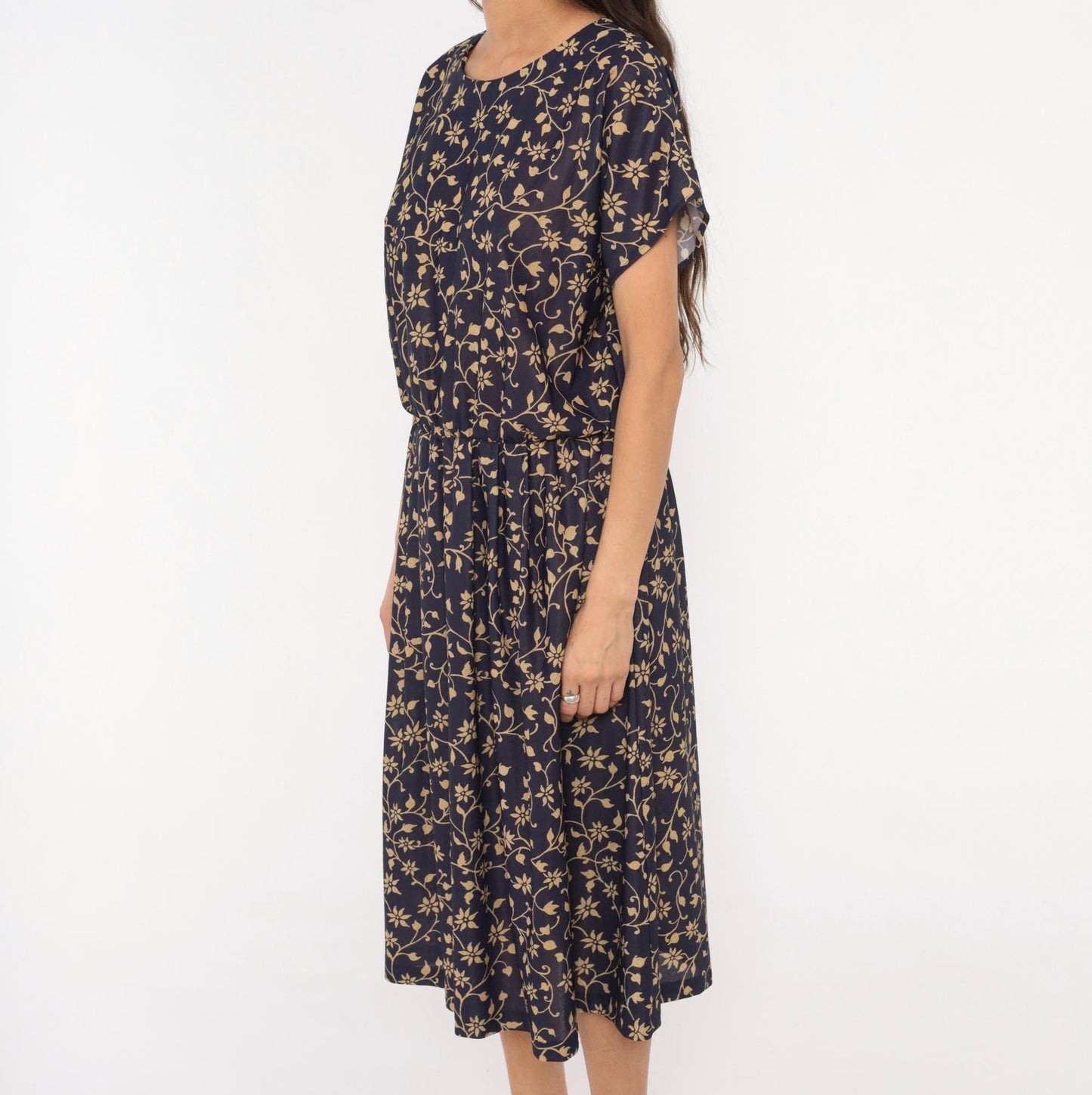 80s Navy Tan Floral Vine Midi Dress Gathered Waist Keyhole Back Extra Large