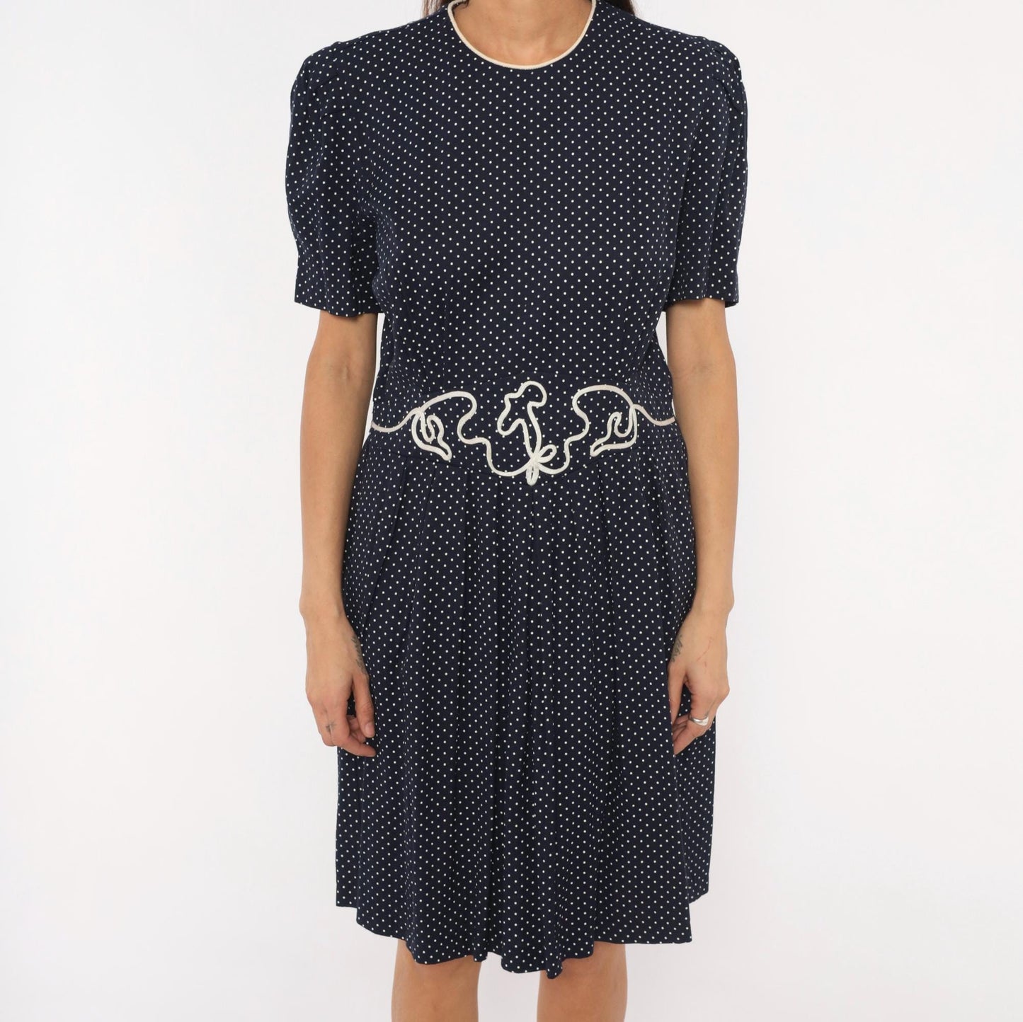 80s Miss Dorby Navy Polka Dot Dress Puff Sleeve Soutache Braid Waist Large L