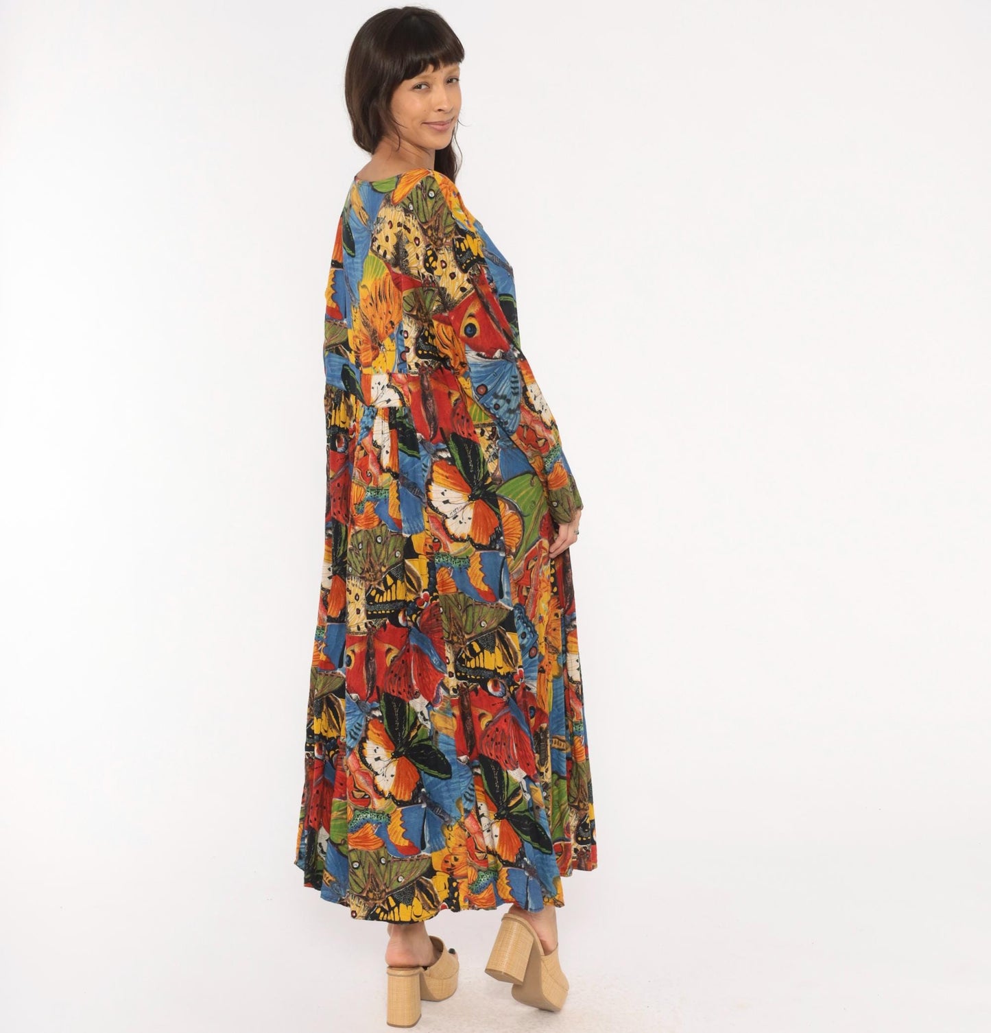 90s We Bebop Butterfly Maxi Dress Empire Waist Long Sleeve Multicolor Extra Large XXL