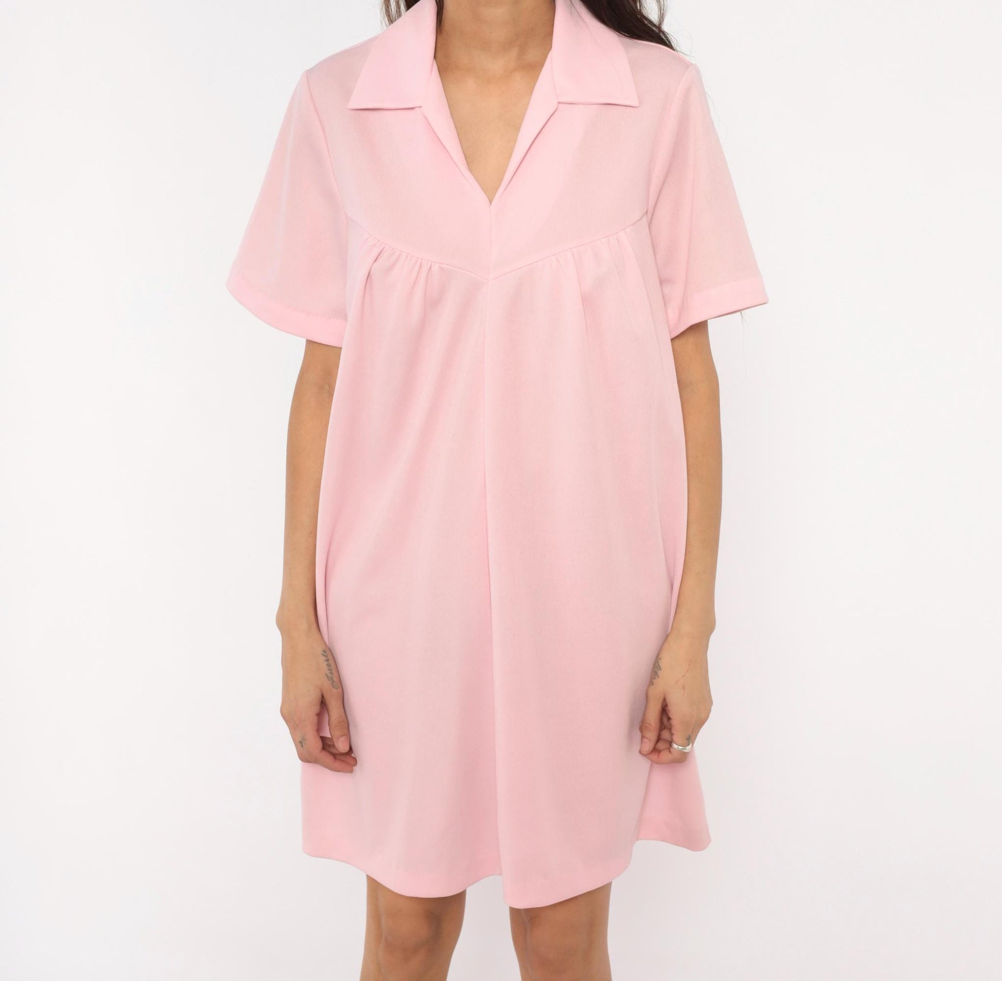 70s Baby Pink Babydoll Dress V Neck Gathered Bust A Line Knee Length Extra Large