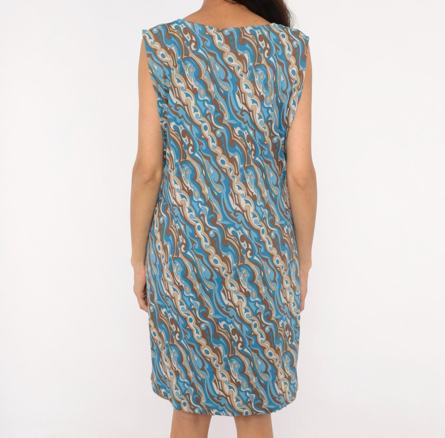 2000s Abstract Swirl Shift Dress V Neck Knee Length Blue Brown Tan Extra Large