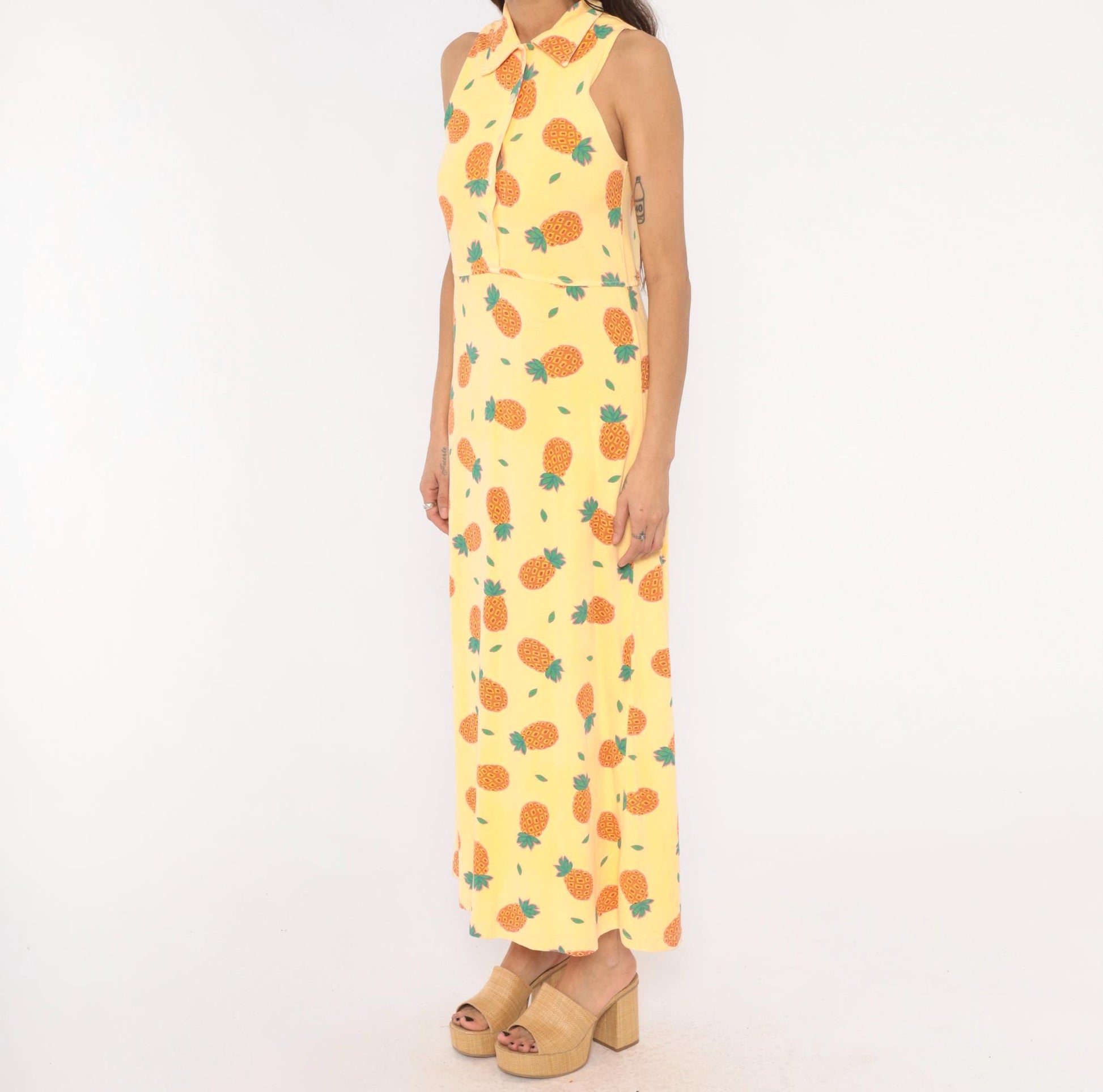 90s Zip Code Pineapple Print Maxi Dress Yellow Cotton Sleeveless Small