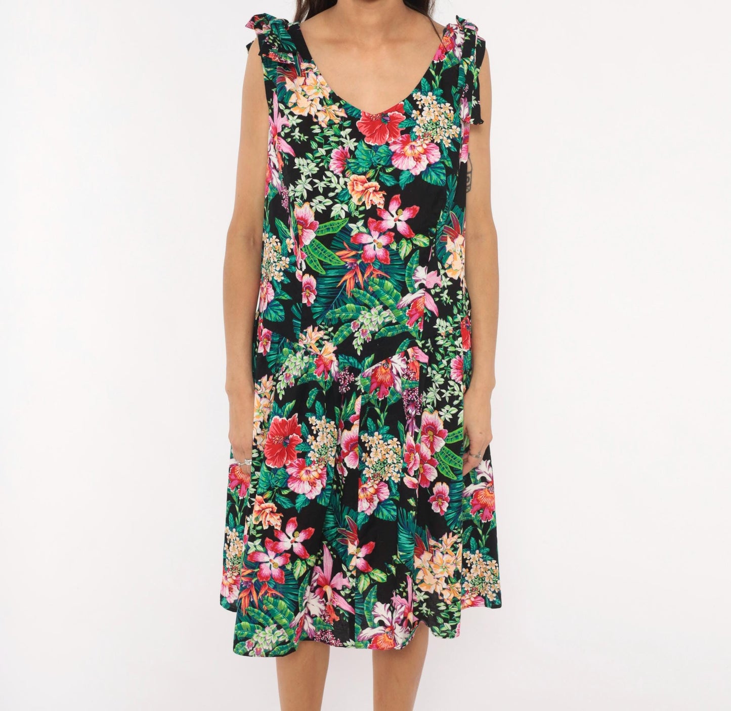 90s D.L. Originals Tropical Floral Sundress Black Pink Cotton Plus Size 1X