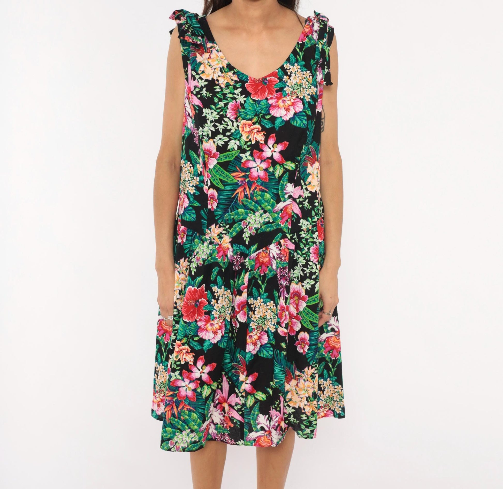 90s D.L. Originals Tropical Floral Sundress Black Pink Cotton Plus Size 1X