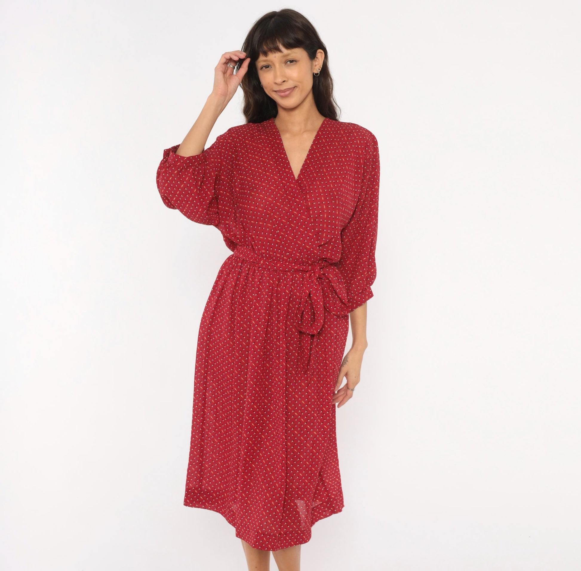 80s Virgo Il Burgundy Wrap Dress Dotted Print Knee-Length V-Neck Extra Large