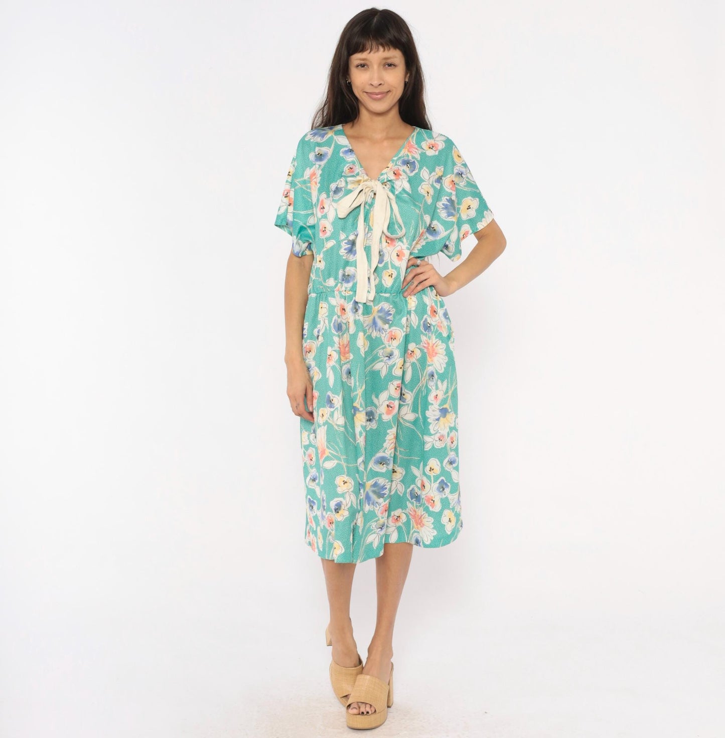 80s Pansy Floral Dress Teal V-Neck Bow Blouson Knee Length Extra Large