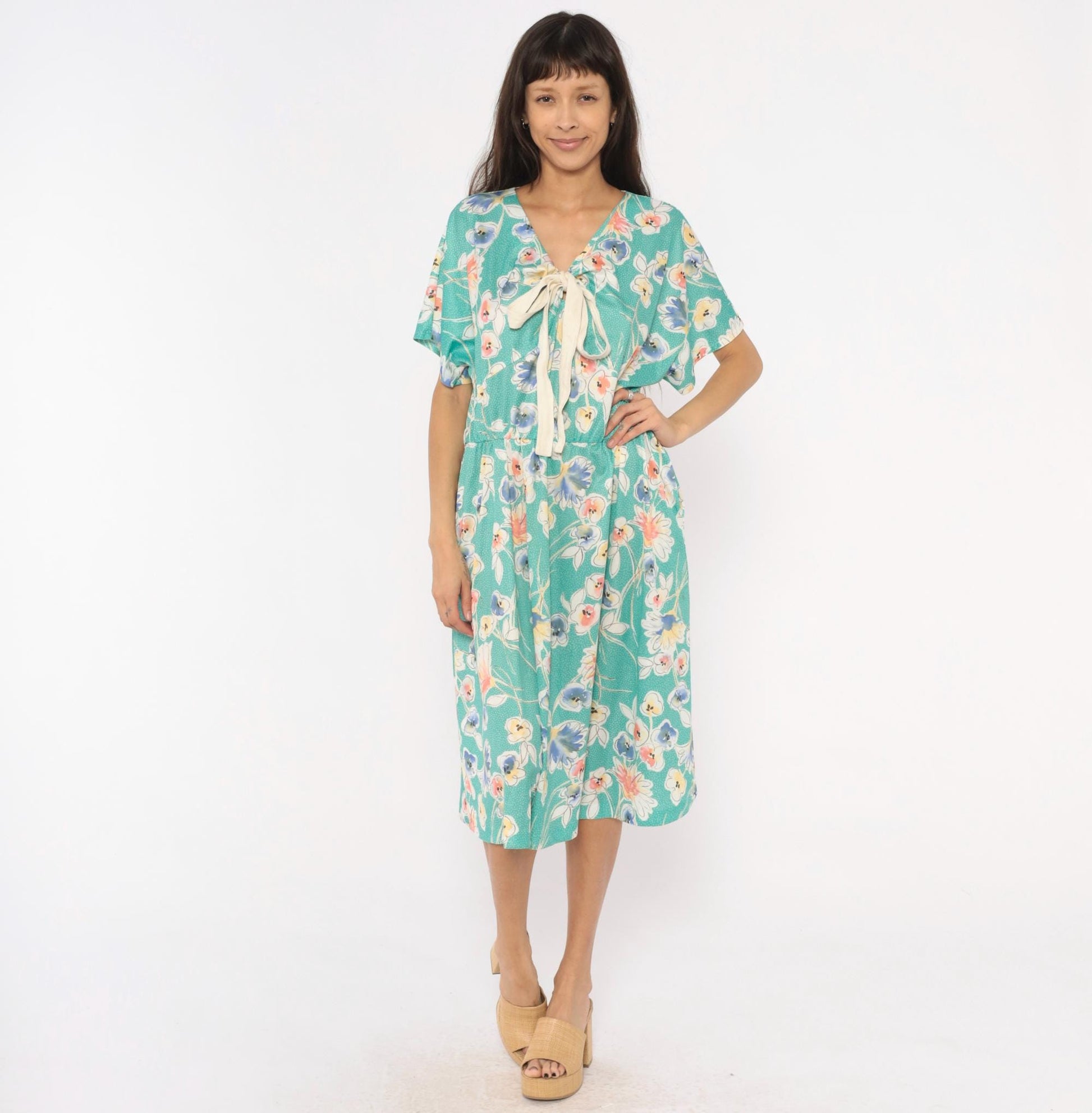 80s Pansy Floral Dress Teal V-Neck Bow Blouson Knee Length Extra Large