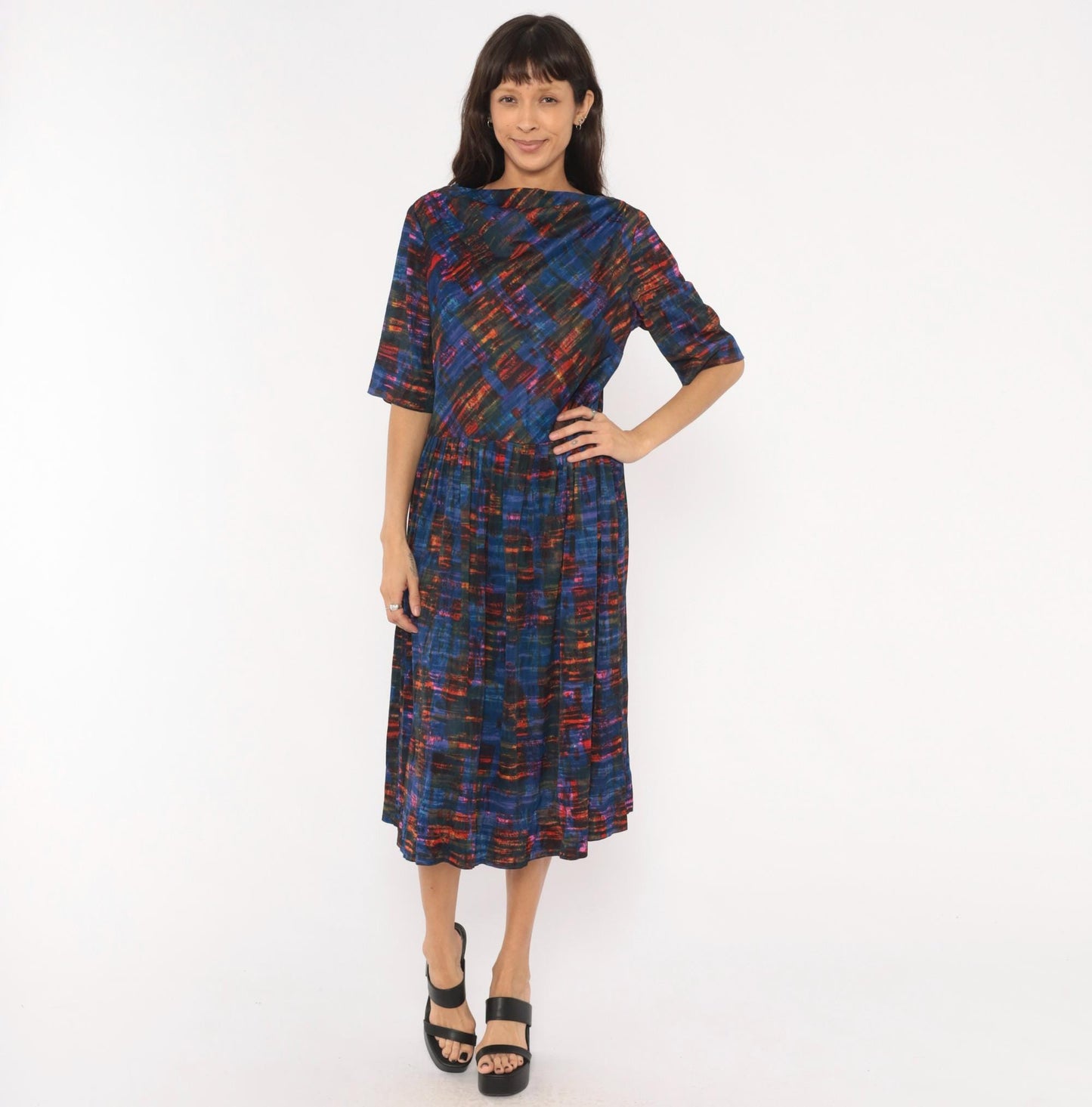 1960s L'Aiglon Cobalt Orange Plaid Dress Boat Neck Pleated Midi Large