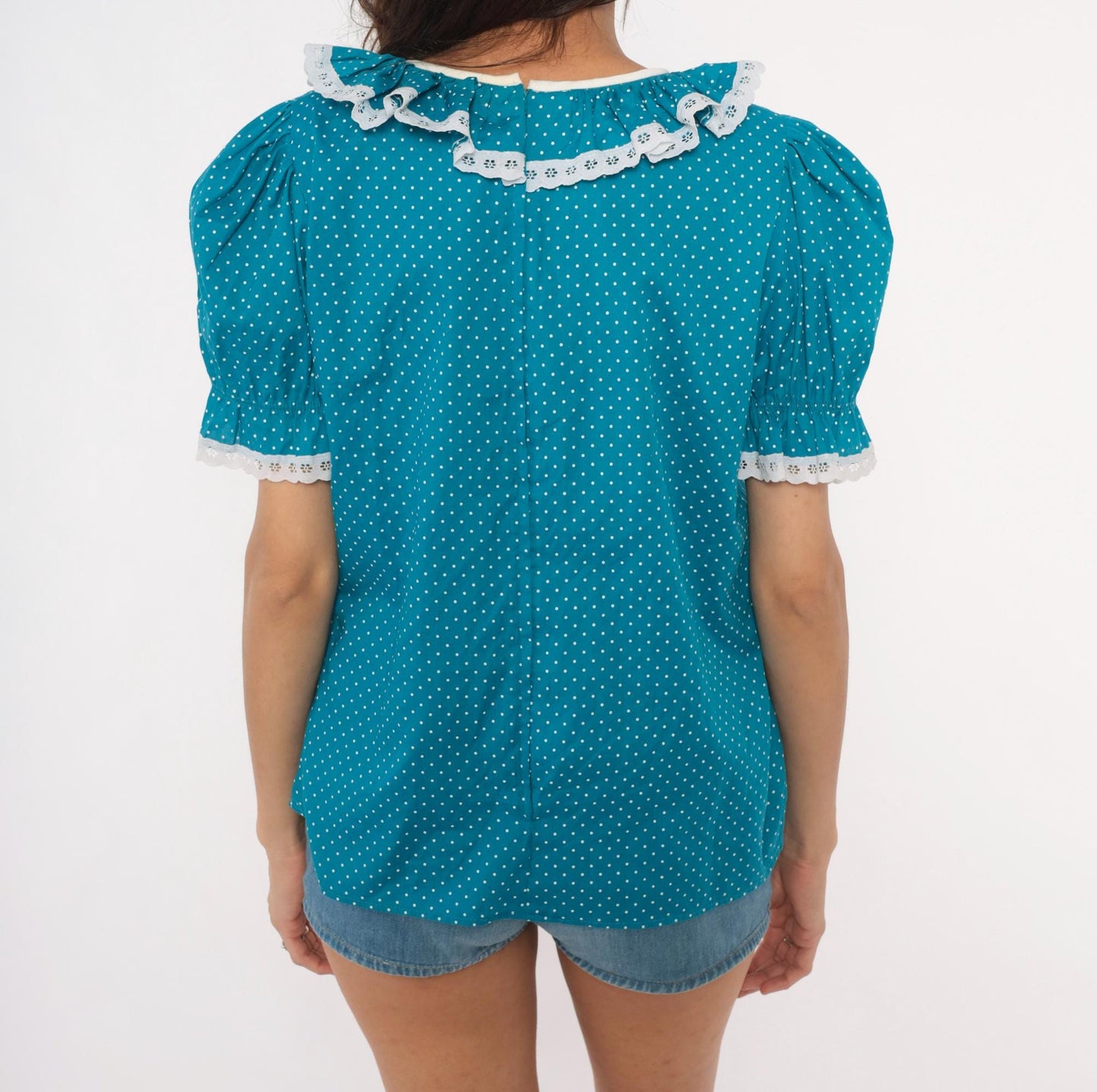70s Teal Polka Dot Puff Sleeve Blouse Eyelet Lace Trim Cotton Medium
