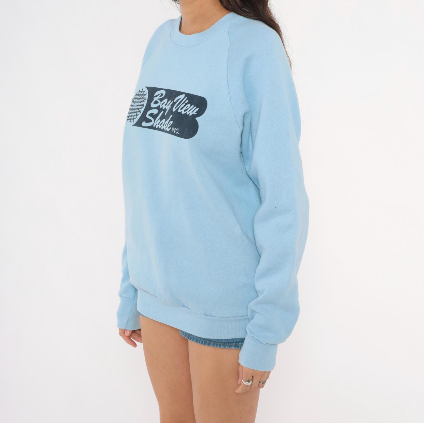 80s Fruit of the Loom Bay View Shade Inc Raglan Sweatshirt Powder Blue Large L