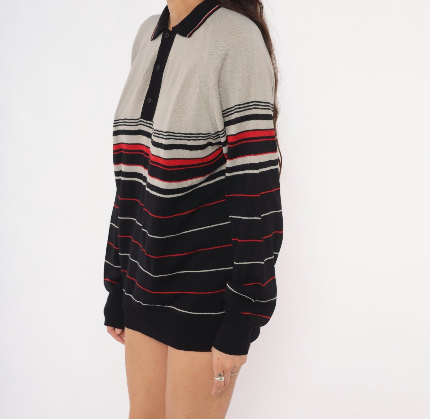 80s Colin Lt Marx Striped Polo Sweater Black Grey Red Raglan Knit Large