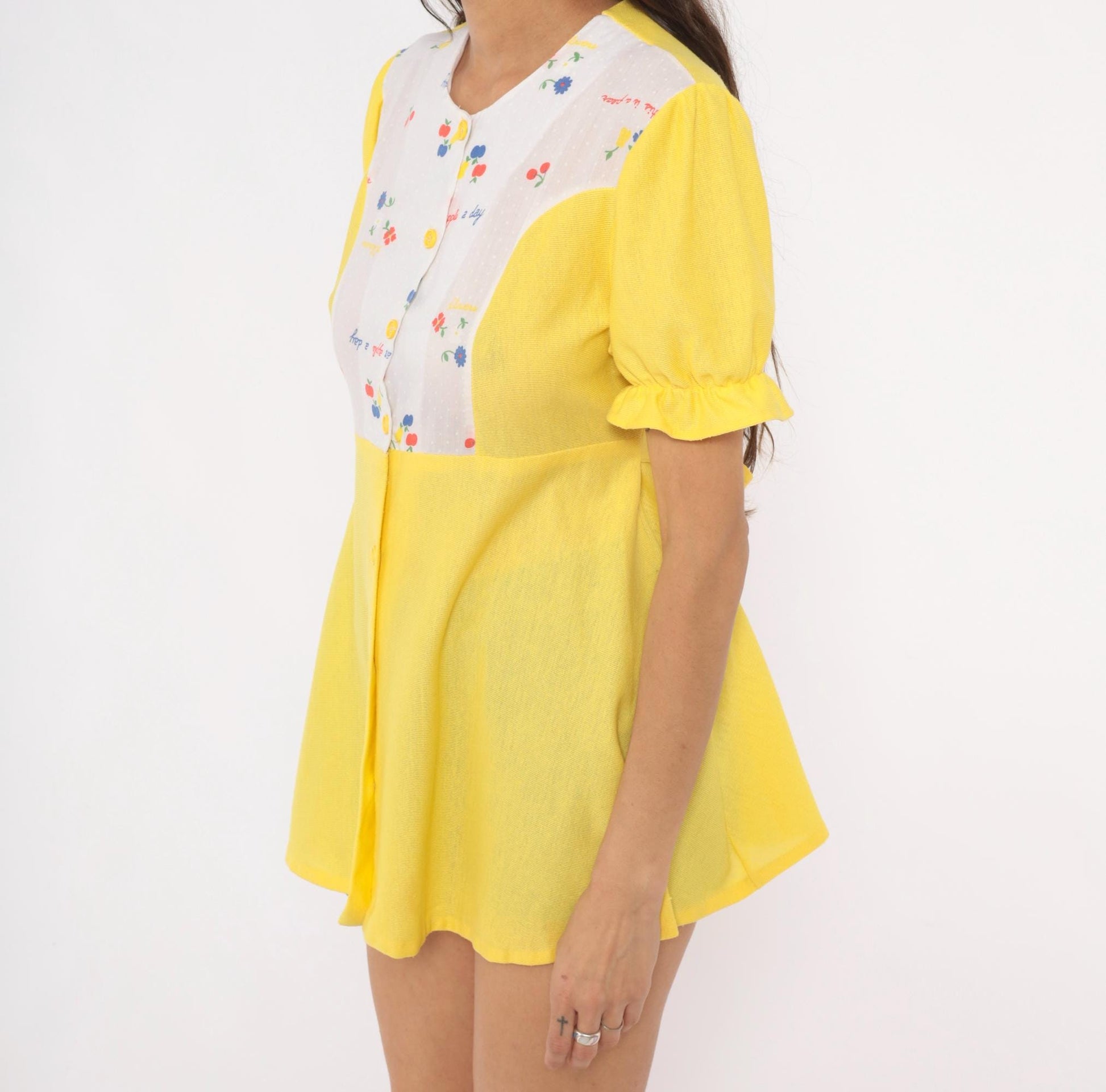 70s Yellow Babydoll Top Puff Sleeve Empire Waist Fruit Print Cotton Blouse Large