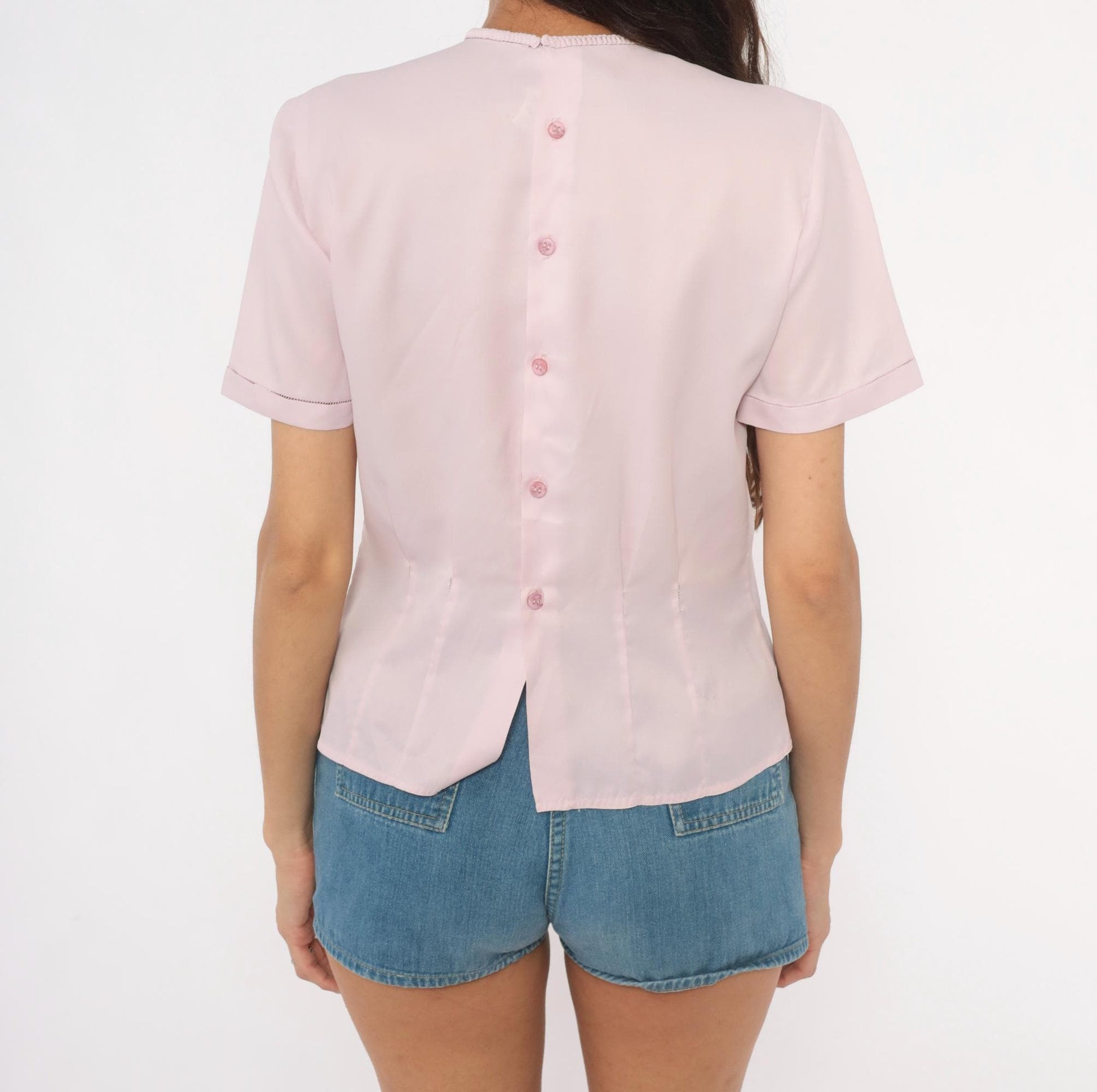 70s Mode de Paris Blush Pintuck Blouse Embroidered Star Crew Neck Medium