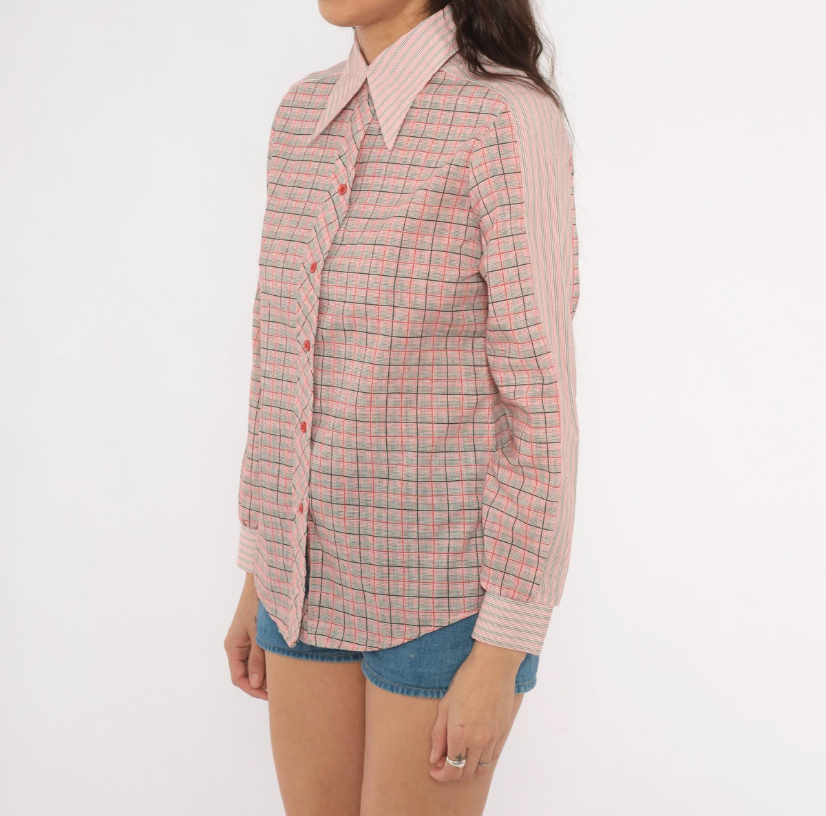 80s Plaid Button-Front Blouse Red Black Glen Check Pointed Collar Small