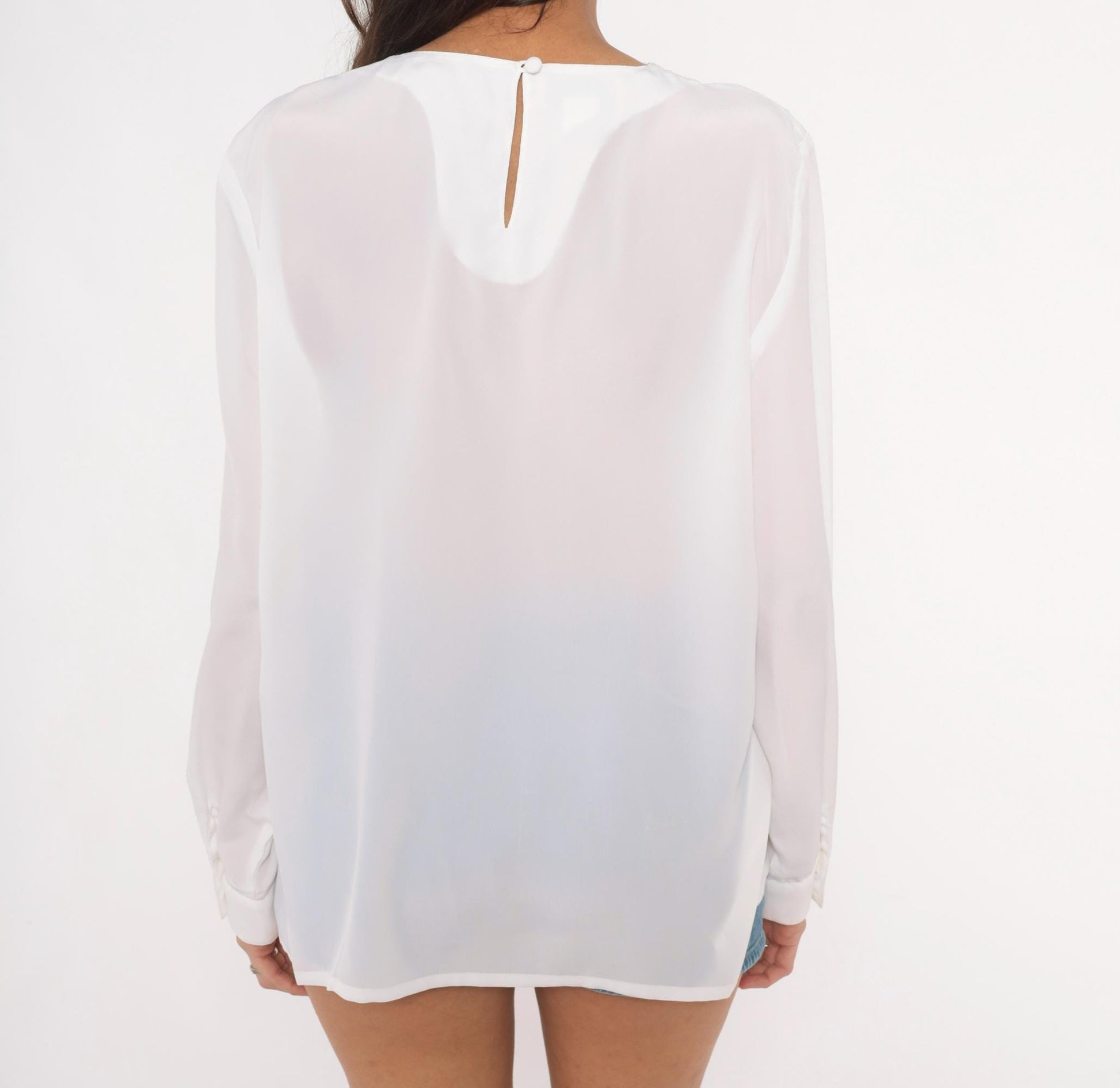 80s Kathy Che Beaded Lace Applique Chiffon Blouse White Long Sleeve Large