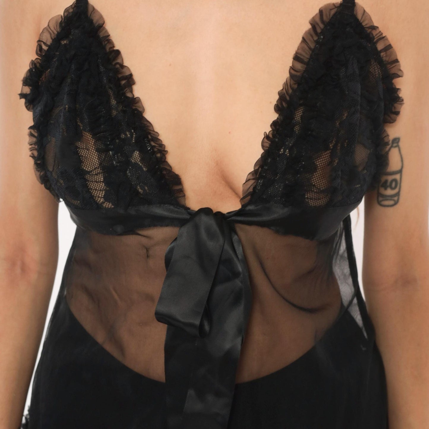 Y2K Black Lace Babydoll Cami Satin Bow Ruffle Trim Nightie Small S