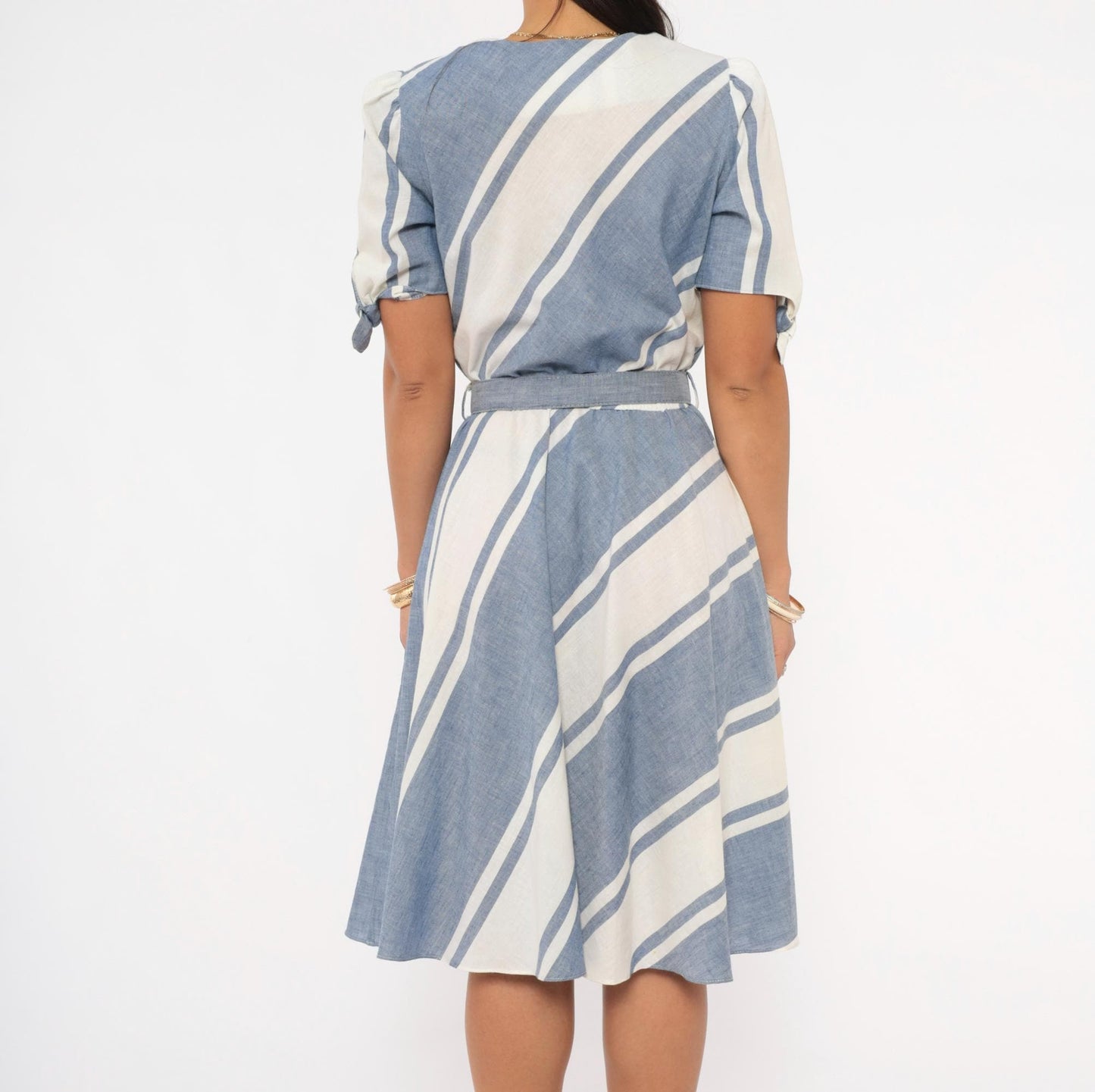 80s SL Petites Diagonal Stripe Dress Blue White Cotton Puff Sleeve Medium