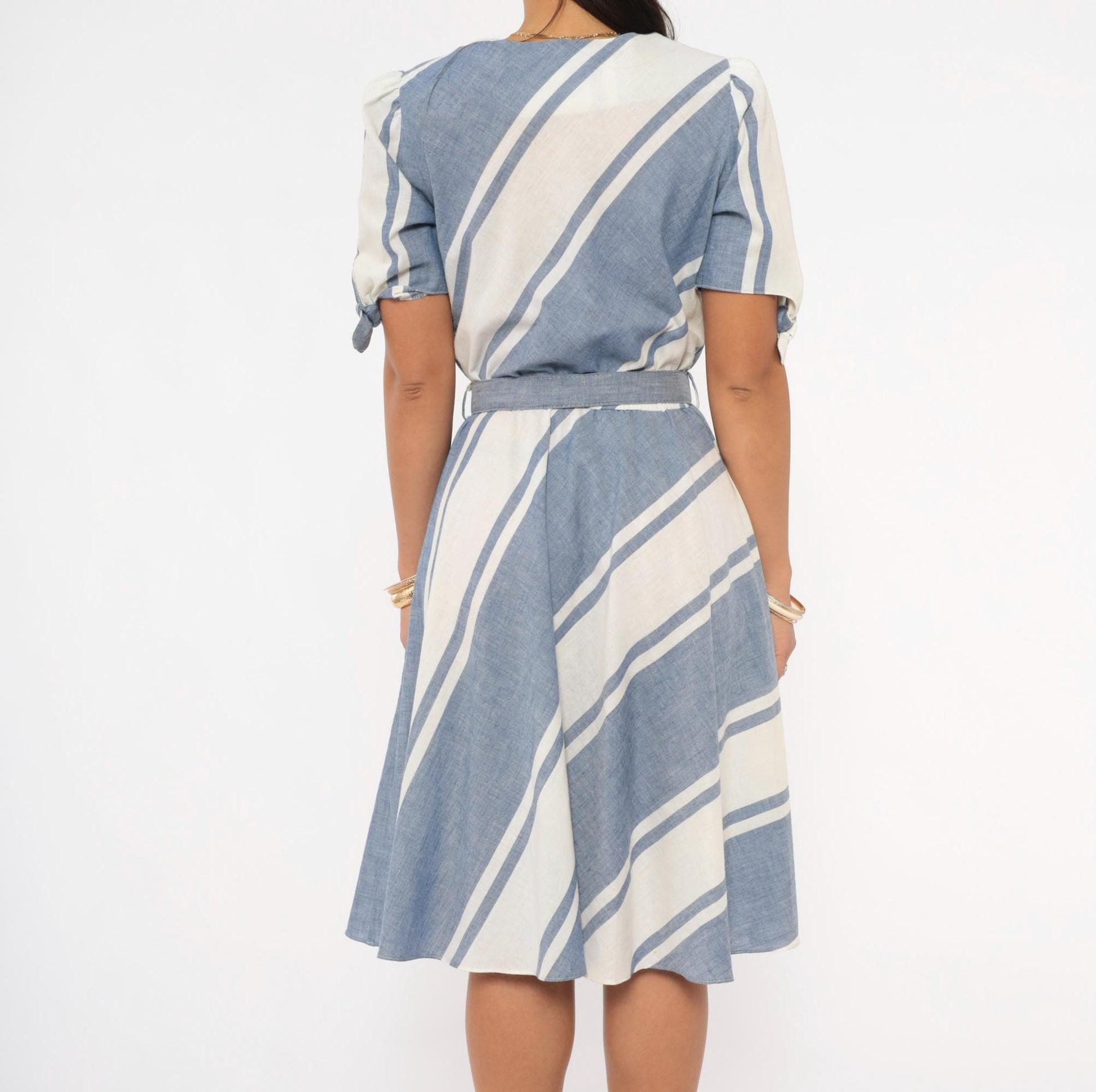 80s SL Petites Diagonal Stripe Dress Blue White Cotton Puff Sleeve Medium